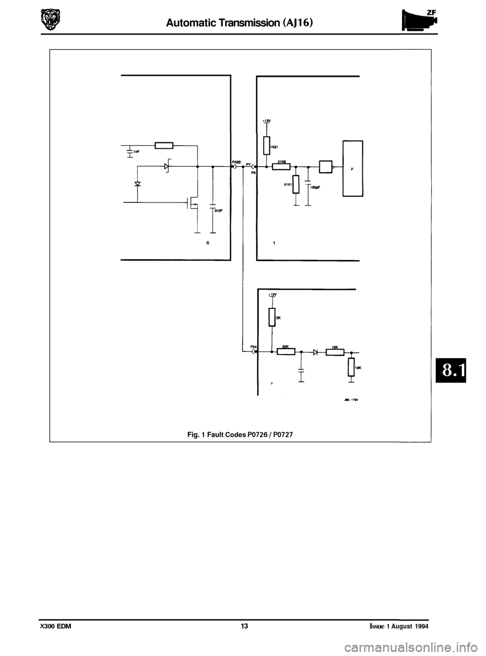 JAGUAR XJ6 1994 2.G Electrical Diagnostic Manual Automatic Transmission (AJ16) 
il 
6 
P 
1 
Fig. 1 Fault Codes PO726 1 PO727 
X300 EDM 13 Issue 1 August 1994  
