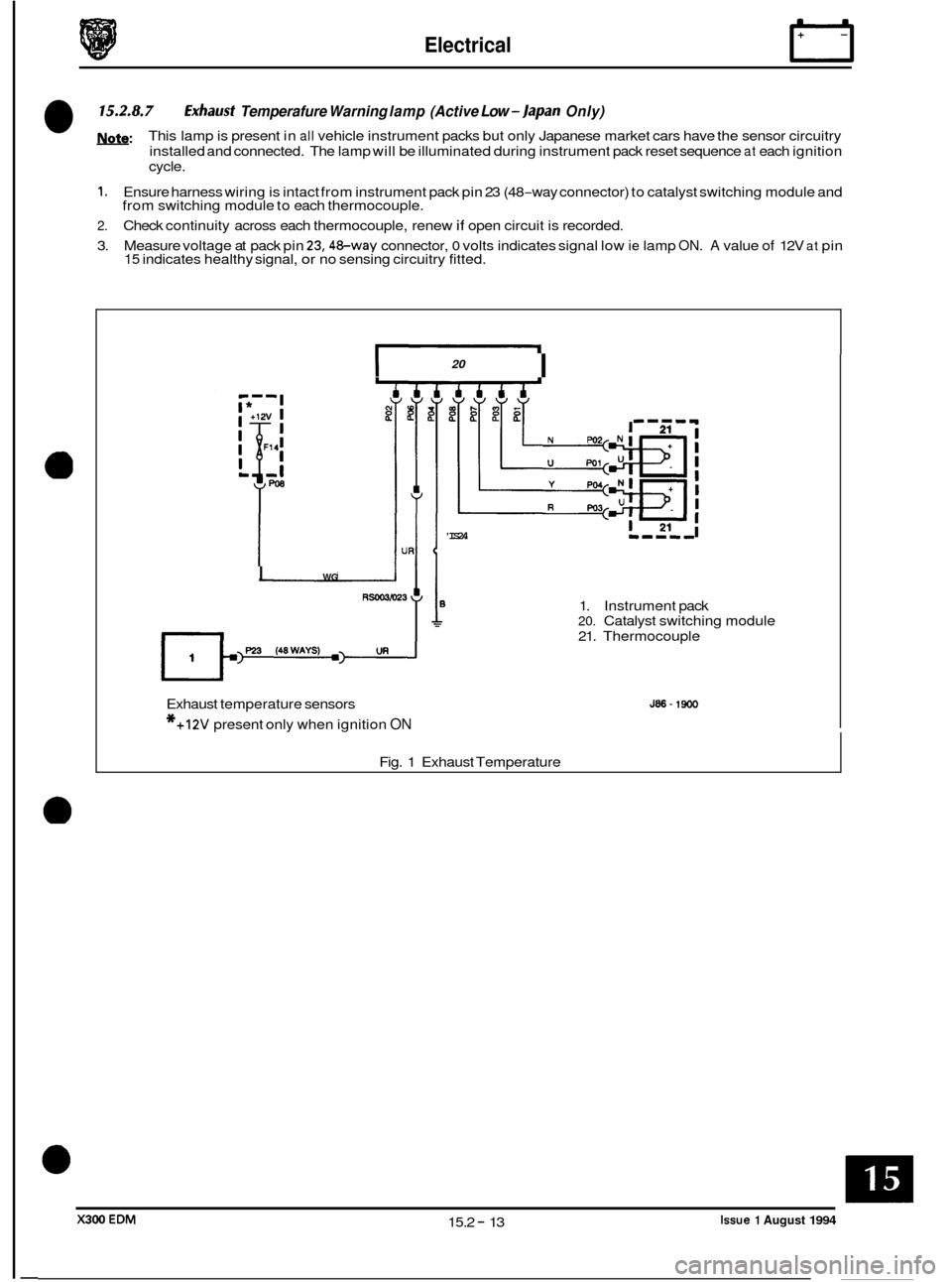 JAGUAR XJ6 1994 2.G Electrical Diagnostic Manual Electrical
15.2.8.7 fxhausf Temperafure Warning lamp (Active Low -Japan Only)
U: This lamp is present in all vehicle instrument packs but only Japanese market cars have the sensor circuitry
JAGUAR XJ6 1994 2.G Electrical Diagnostic Manual Electrical
15.2.8.7 fxhausf Temperafure Warning lamp (Active Low -Japan Only)
U: This lamp is present in all vehicle instrument packs but only Japanese market cars have the sensor circuitry