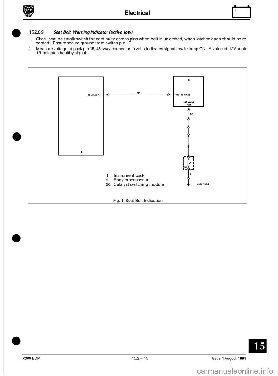 JAGUAR XJ6 1994 2.G Electrical Diagnostic Manual Electrical 
15.2.8.9 
1. 
2. 
Seat Self Warning Indicator (acfive low) 
Check seat belt stalk  switch for continuity  across pins when  belt is unlatched,  when  latched open  should be re- corded.  E