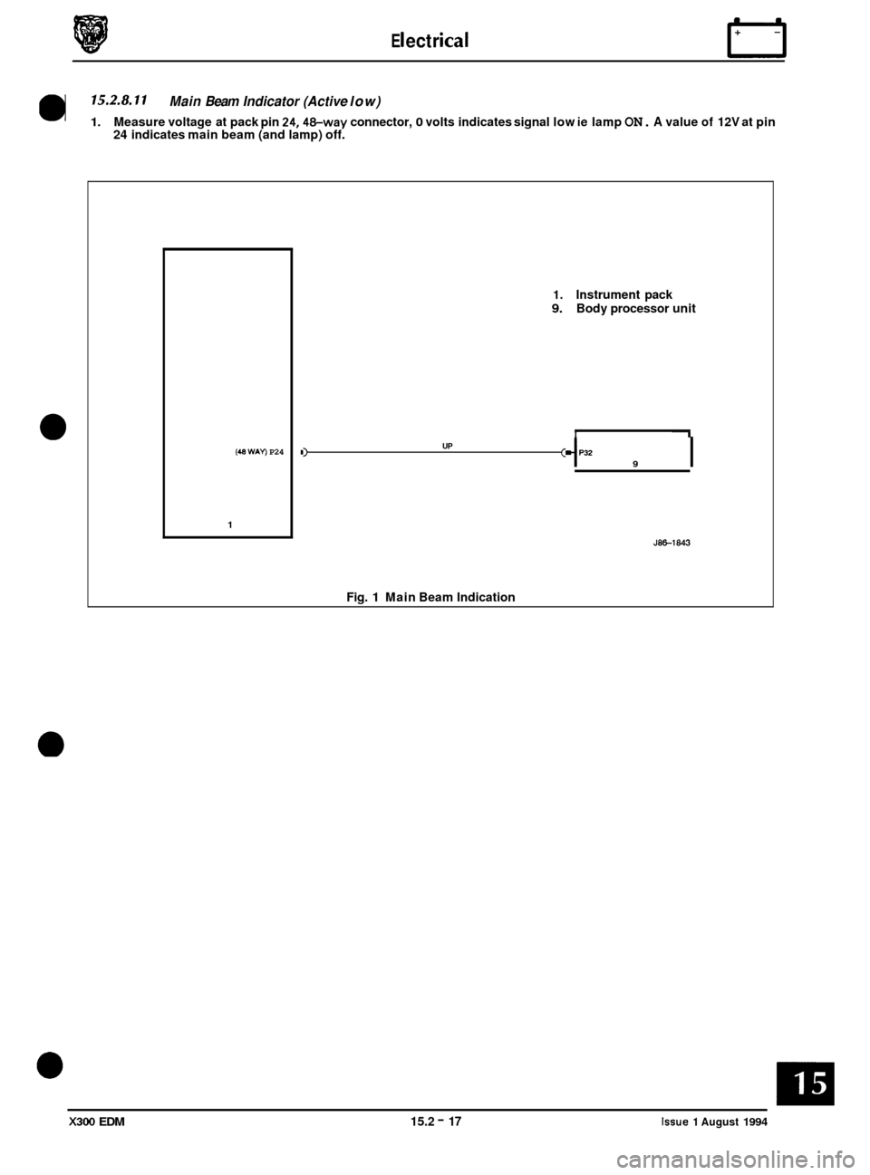 JAGUAR XJ6 1994 2.G Electrical Diagnostic Manual E I ect r ica I rl
15.2.8.11 Main Beam Indicator (Active low)
1. Measure voltage at pack pin 24,48-way connector, 0 volts indicates signal low ie lamp ON. A value of 12V at pin
24 indicates mai JAGUAR XJ6 1994 2.G Electrical Diagnostic Manual E I ect r ica I rl
15.2.8.11 Main Beam Indicator (Active low)
1. Measure voltage at pack pin 24,48-way connector, 0 volts indicates signal low ie lamp ON. A value of 12V at pin
24 indicates mai