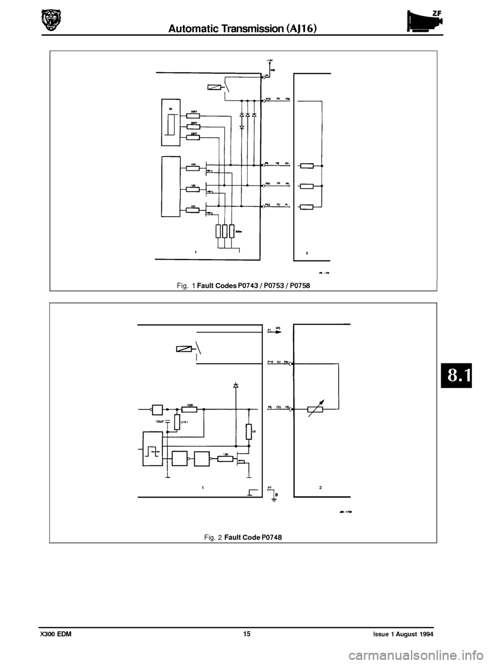 JAGUAR XJ6 1994 2.G Electrical Diagnostic Manual Automatic Transmission (AJ16) w 
mnm 
PnW% 
wa Wn 
1D Int 
Fig. 1 Fault Codes PO743 I PO753 I PO758 
171- I 
1 1 
1 L- 2 
Fig. 2 Fault Code PO748 
X300 EDM 15 Issue 1 August 1994  