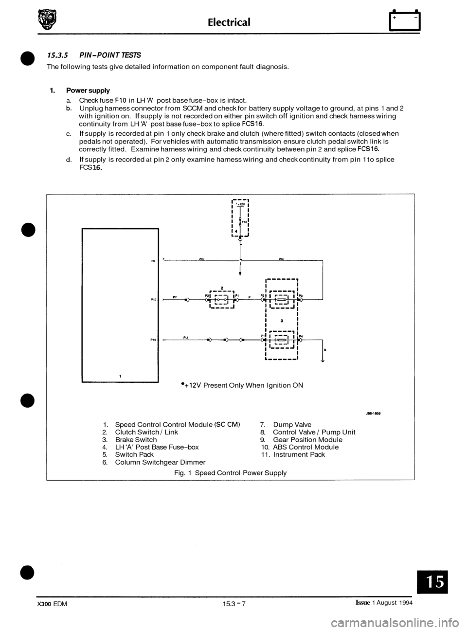 JAGUAR XJ6 1994 2.G Electrical Diagnostic Manual 15.3.5 PIN-POINT TESTS
The following tests give detailed information on component fault diagnosis.
1. Power supply
a. Check fuse FIO in LH A post base fuse-box is intact.
b. Unplug harness JAGUAR XJ6 1994 2.G Electrical Diagnostic Manual 15.3.5 PIN-POINT TESTS
The following tests give detailed information on component fault diagnosis.
1. Power supply
a. Check fuse FIO in LH A post base fuse-box is intact.
b. Unplug harness