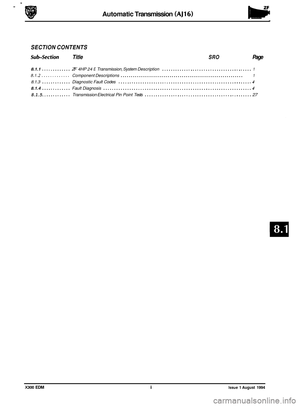 JAGUAR XJ6 1994 2.G Electrical Diagnostic Manual , , 
Automatic Transmission (AJ16) 
SECTION CONTENTS 
Sub-section Title SRO Page 
8.1.1 . . . . . . . . . . . . . ZF 4HP 24 E Transmission,  System Description . . . . . . . . . . . . . . . . . . . . 