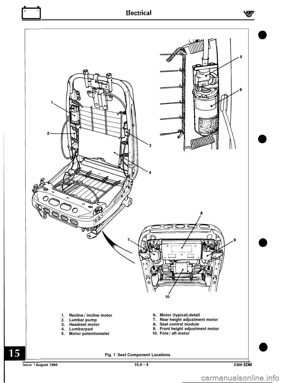 JAGUAR XJ6 1994 2.G Electrical Diagnostic Manual E I ect r ical W
1. Recline / incline motor
2. Lumbar pump
3. Headrest motor
4. Lumbarpad
5. Motor potentiometer
10
6. Motor (typical) detail
7. Rear height adjustment motor
8. Seat cont JAGUAR XJ6 1994 2.G Electrical Diagnostic Manual E I ect r ical W
1. Recline / incline motor
2. Lumbar pump
3. Headrest motor
4. Lumbarpad
5. Motor potentiometer
10
6. Motor (typical) detail
7. Rear height adjustment motor
8. Seat cont