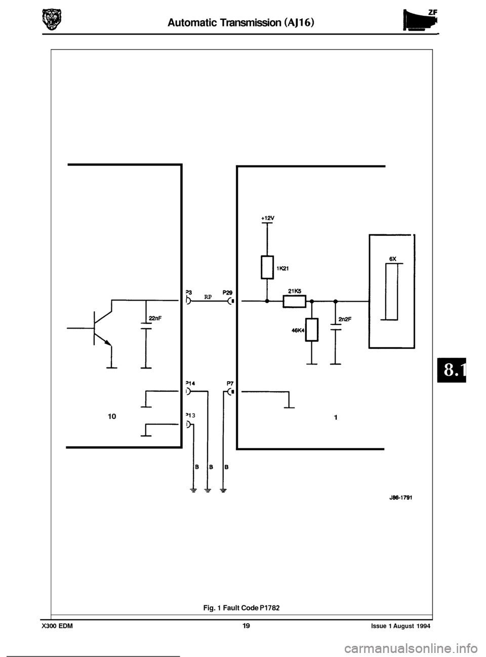 JAGUAR XJ6 1994 2.G Electrical Diagnostic Manual 0 
0 
Automatic Transmission (AJ16) 
I 
10 
r 
P29 7 I RP 
1 3 
I 
+12v T 
n 1K21 
1 
I 
r 
n 
J88-1791 
Fig. 1 Fault Code PI782 
X300 EDM 19 Issue 1 August 1994  
