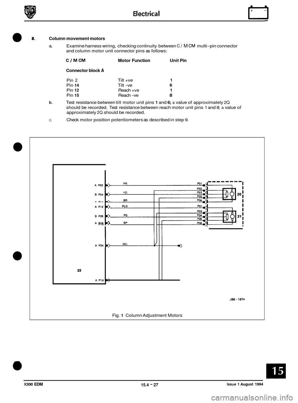JAGUAR XJ6 1994 2.G Electrical Diagnostic Manual E I ect r ical rl
Column movement motors 0 8.
a. Examine harness wiring, checking continuity between C / M CM multi-pin connector
and column motor unit connector pins as follows:
CIMCM Moto JAGUAR XJ6 1994 2.G Electrical Diagnostic Manual E I ect r ical rl
Column movement motors 0 8.
a. Examine harness wiring, checking continuity between C / M CM multi-pin connector
and column motor unit connector pins as follows:
CIMCM Moto