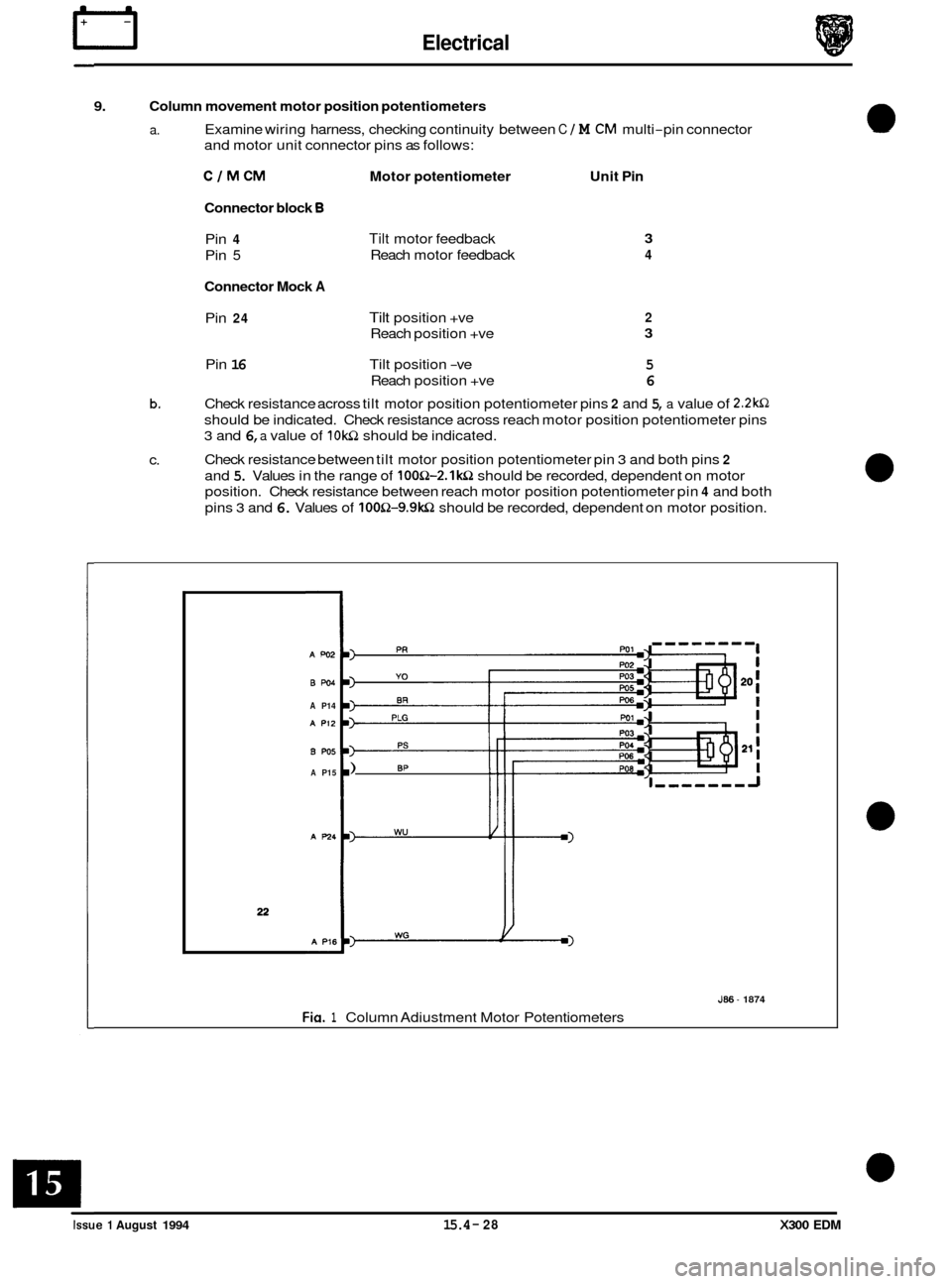 JAGUAR XJ6 1994 2.G Electrical Diagnostic Manual IT Electrical
9. Column movement motor position potentiometers
a. Examine wiring harness, checking continuity between C 1 M CM multi-pin connector
and motor unit connector pins as follows:
C JAGUAR XJ6 1994 2.G Electrical Diagnostic Manual IT Electrical
9. Column movement motor position potentiometers
a. Examine wiring harness, checking continuity between C 1 M CM multi-pin connector
and motor unit connector pins as follows:
C