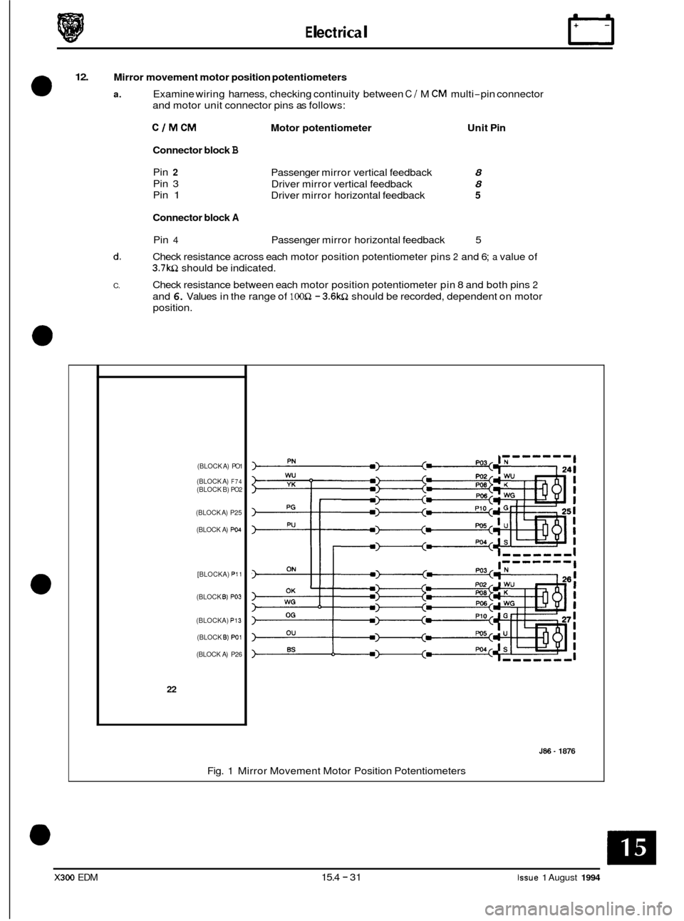JAGUAR XJ6 1994 2.G Electrical Diagnostic Manual E I ect r ica I m
12. Mirror movement motor position potentiometers
a. Examine wiring harness, checking continuity between C / M CM multi-pin connector
and motor unit connector pins as follo JAGUAR XJ6 1994 2.G Electrical Diagnostic Manual E I ect r ica I m
12. Mirror movement motor position potentiometers
a. Examine wiring harness, checking continuity between C / M CM multi-pin connector
and motor unit connector pins as follo