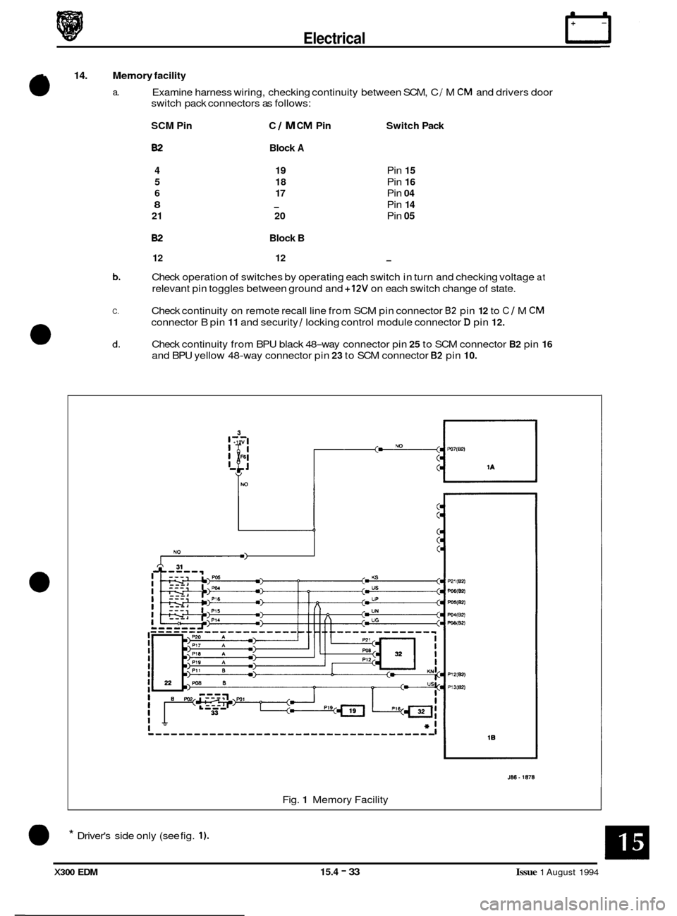 JAGUAR XJ6 1994 2.G Electrical Diagnostic Manual Electrical rl
14. Memory facility
a. Examine harness wiring, checking continuity between SCM, C I M CM and drivers door
switch pack connectors as follows:
SCM Pin C / M CM Pin Switch Pack
JAGUAR XJ6 1994 2.G Electrical Diagnostic Manual Electrical rl
14. Memory facility
a. Examine harness wiring, checking continuity between SCM, C I M CM and drivers door
switch pack connectors as follows:
SCM Pin C / M CM Pin Switch Pack