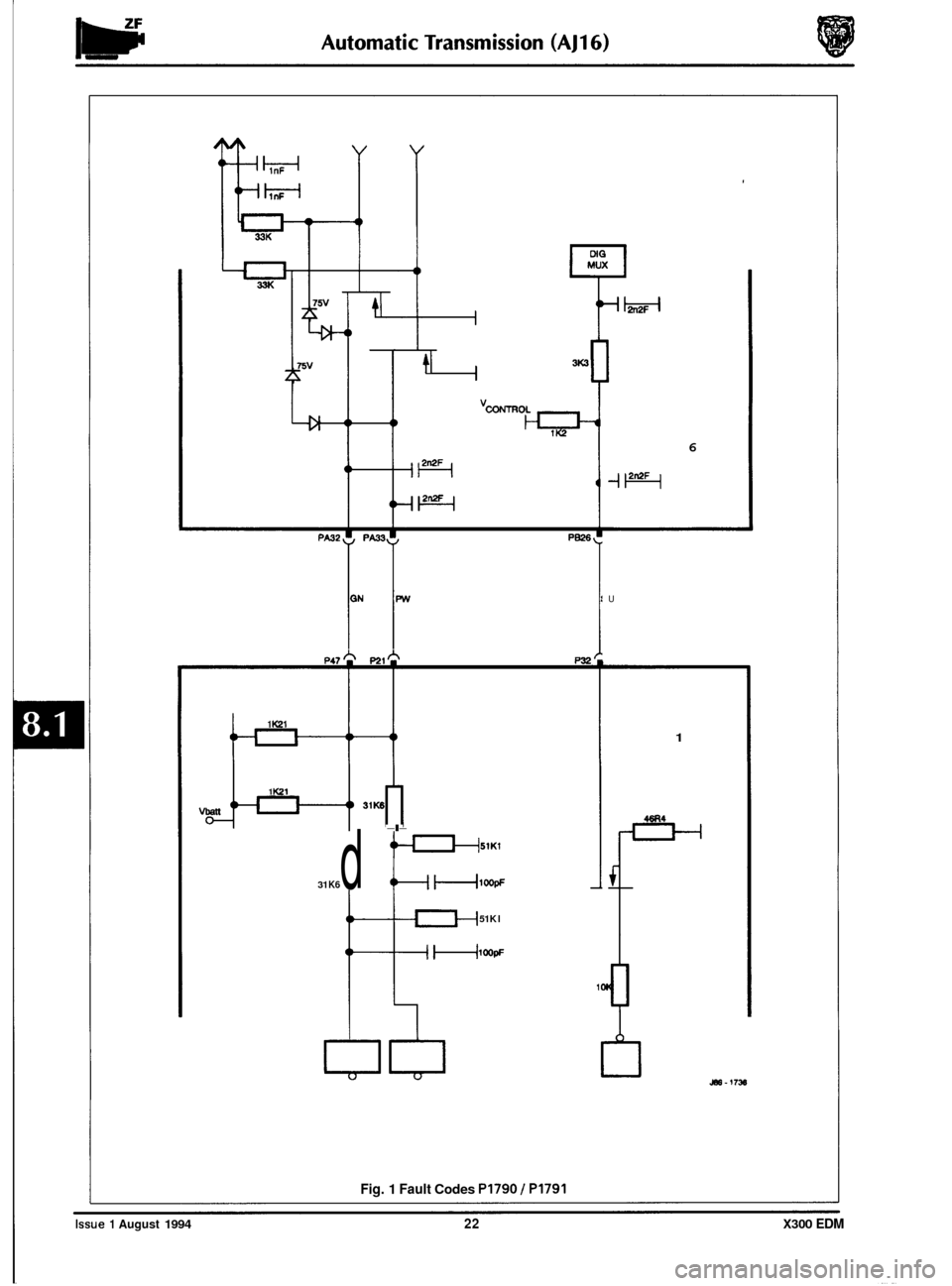 JAGUAR XJ6 1994 2.G Electrical Diagnostic Manual 4 
ON PW 
P473 P21* P32 
1 K21 
1 Kz1 B 31K6 
-I- 
31 K6 d rz: 
(D 51 Kl 
i 
Fig. 1 Fault Codes PI790 / PI791 
iw 
6 
U 
1 
P 
a-1736 
Issue 1 August 1994 22 X300 EDM  