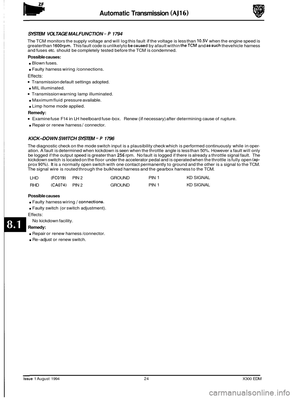 JAGUAR XJ6 1994 2.G Electrical Diagnostic Manual lw Automatic Transmission (AJ16) 
SYSTEM VOLTAGE  MALFUNCTION - P 1794 
The TCM  monitors  the supply voltage and  will log this fault if the voltage is  less than 10.5V when  the engine  speed is 
gr