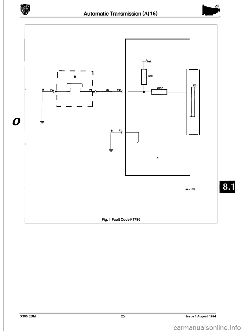 JAGUAR XJ6 1994 2.G Electrical Diagnostic Manual Automatic Transmission (AJ16) w 
I 
1 --- 
I 9 
I 
I 
0 
1 
JBd. 1737 
Fig. 1 Fault Code PI796 
X300 EDM 25 Issue 1 August 1994  