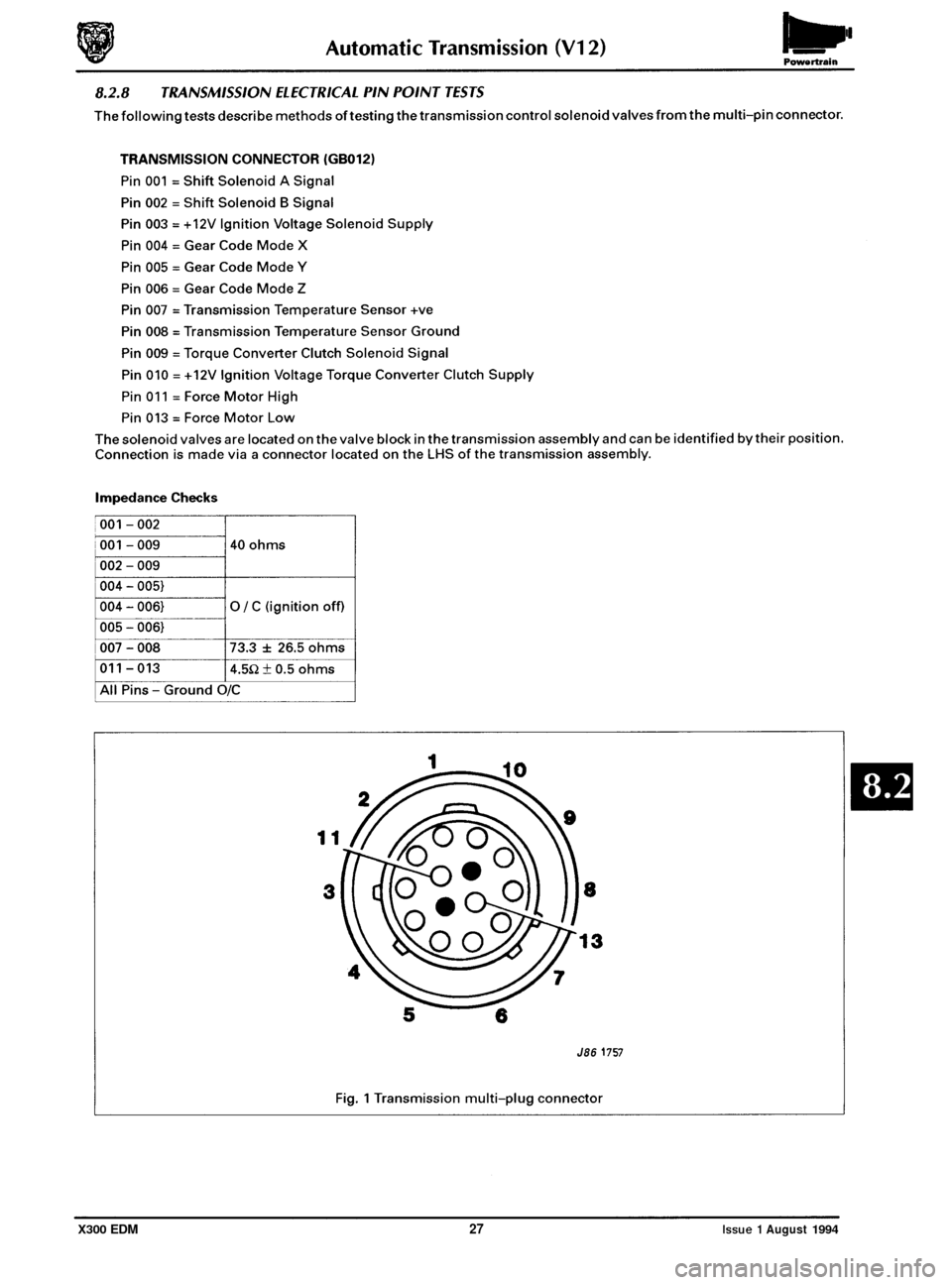 JAGUAR XJ6 1994 2.G Electrical Diagnostic Manual J86 1757 
X300 EDM 27 Issue 1 August 1994  
