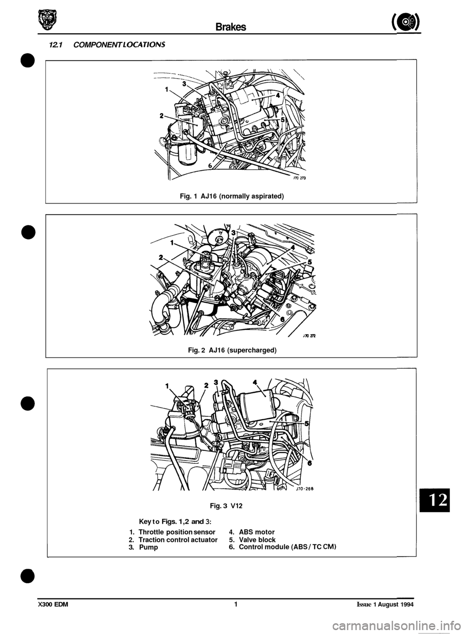 JAGUAR XJ6 1994 2.G Electrical Diagnostic Manual 0 
0 
0 
Brakes ( 
12.1 COMPONENT LOCATlONS 
Fig. 1  AJ16 (normally aspirated) 
Fig. 
2 AJ16 (supercharged) 
Fig. 
3 VI2 
Key to Figs. 1,2 and 3: 
1. Throttle  position  sensor 4. ABS motor 
2. Tracti