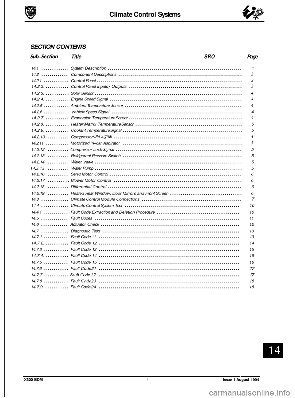 JAGUAR XJ6 1994 2.G Electrical Diagnostic Manual Climate Control Systems 
SECTION  CON TENTS 
Subsection Title SRO Page 
14.1 ............. System  Description ................................................................... 1 
14.2 .............