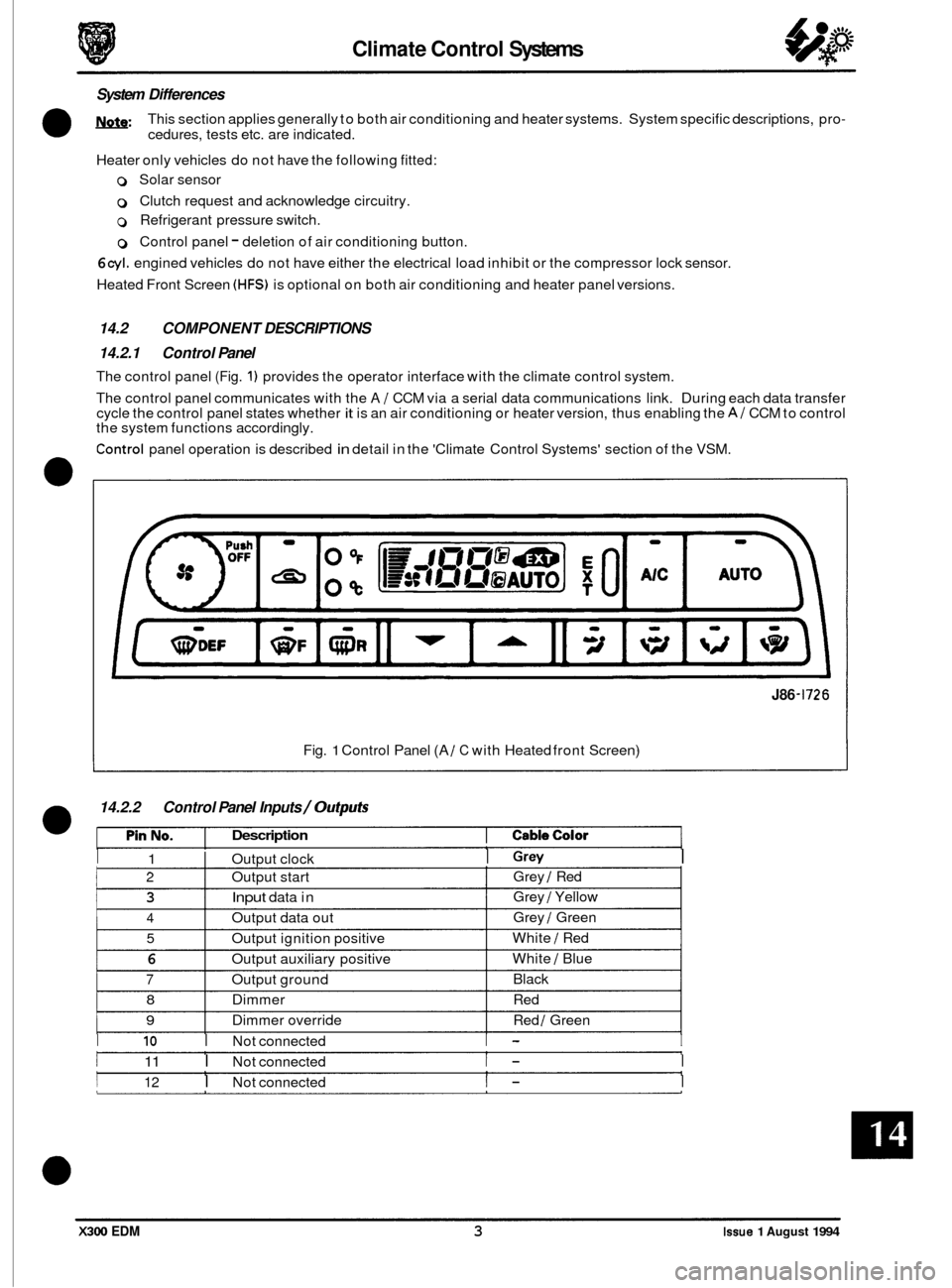 JAGUAR XJ6 1994 2.G Electrical Diagnostic Manual Climate Control Systems
System Differences
m:
Heater only vehicles do not have the following fitted:
This section applies generally to both air conditioning and heater systems. System speci JAGUAR XJ6 1994 2.G Electrical Diagnostic Manual Climate Control Systems
System Differences
m:
Heater only vehicles do not have the following fitted:
This section applies generally to both air conditioning and heater systems. System speci