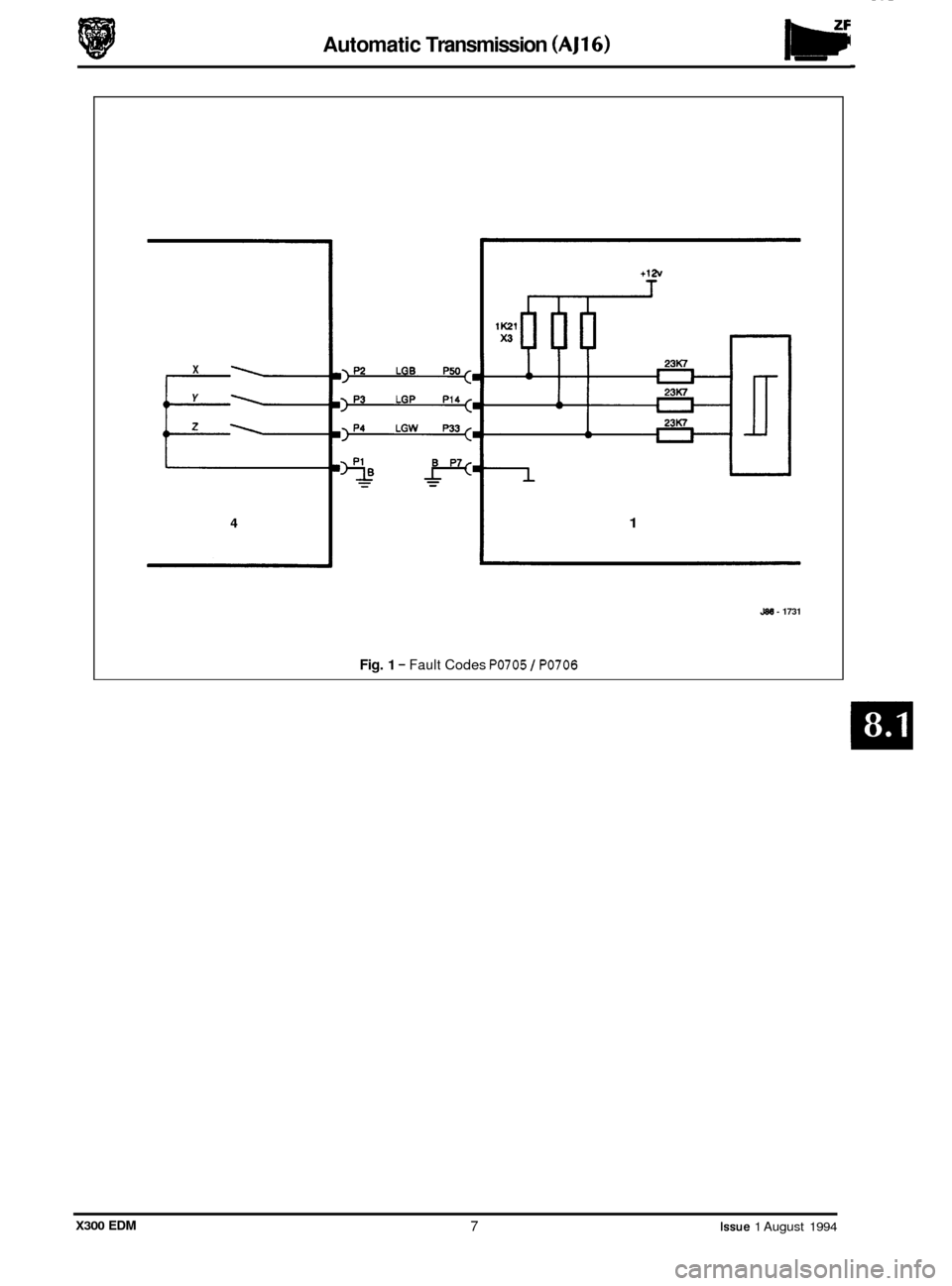 JAGUAR XJ6 1994 2.G Electrical Diagnostic Manual Automatic Transmission (AJl6) 
t12v 
X 
Y 
z 
4 1 
J88 - 1731 
Fig. 1 - Fault Codes PO705 I PO706 
X300 EDM 7 Issue 1 August 1994  