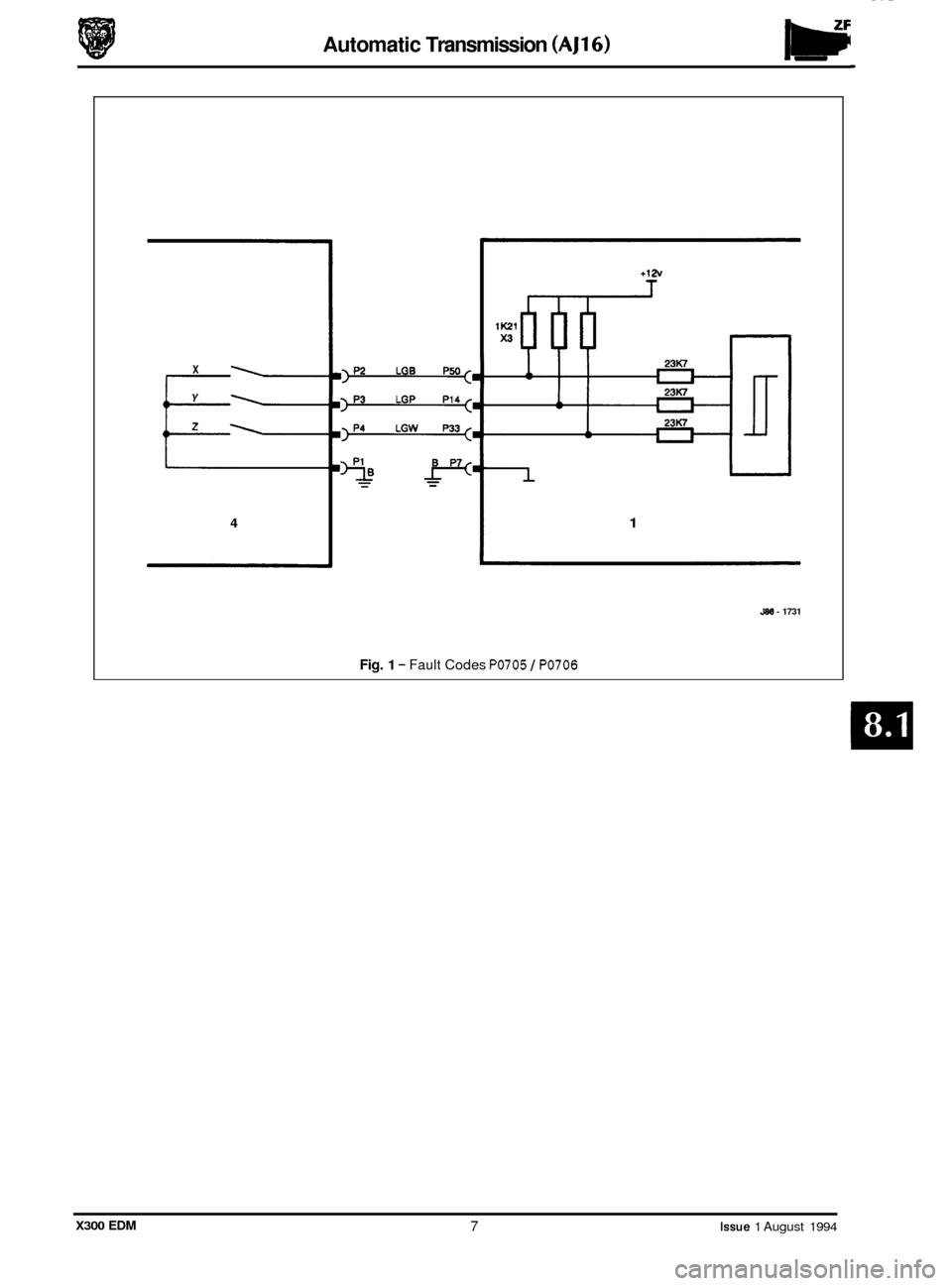 JAGUAR XJ6 1994 2.G Electrical Diagnostic Manual Automatic Transmission (AJl6)
t12v
X
Y
z
4 1
J88 - 1731
Fig. 1 - Fault Codes PO705 I PO706
X300 EDM 7 Issue 1 August 1994 JAGUAR XJ6 1994 2.G Electrical Diagnostic Manual Automatic Transmission (AJl6)
t12v
X
Y
z
4 1
J88 - 1731
Fig. 1 - Fault Codes PO705 I PO706
X300 EDM 7 Issue 1 August 1994