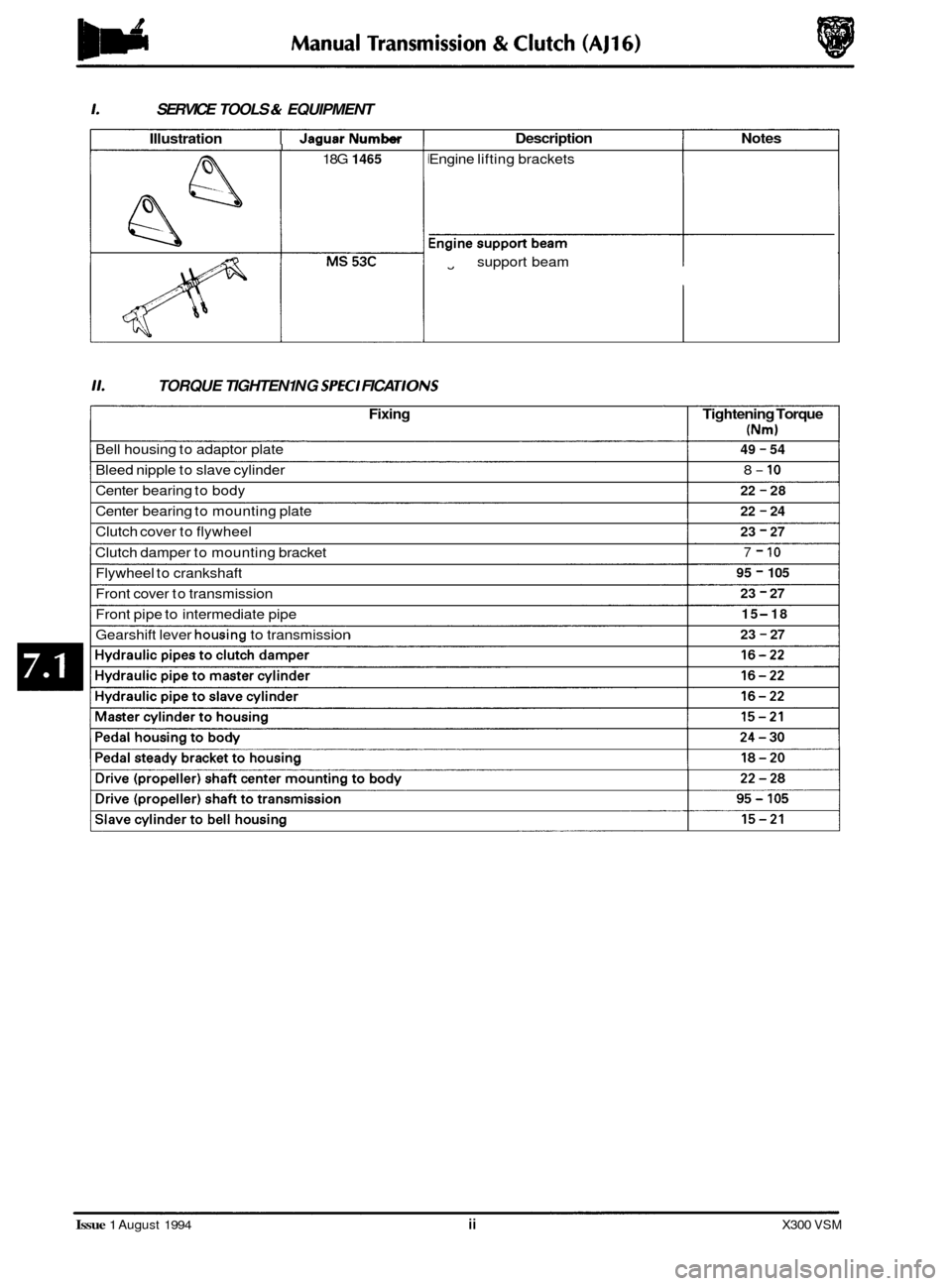 JAGUAR XJ6 1994 2.G Repair Manual 1. SERVICE TOOLS & EQUIPMENT
Illustration I JaauarNumber I -
18G 1465
Description Notes
Engine lifting brackets
Engine
fl support beam
11. TORQUE TIGHTEN1 NG SPEC1 FICA TIONS
Fixing Tight JAGUAR XJ6 1994 2.G Repair Manual 1. SERVICE TOOLS & EQUIPMENT
Illustration I JaauarNumber I -
18G 1465
Description Notes
Engine lifting brackets
Engine
fl support beam
11. TORQUE TIGHTEN1 NG SPEC1 FICA TIONS
Fixing Tight