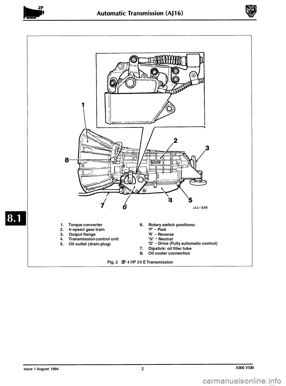 JAGUAR XJ6 1994 2.G User Guide I 1 I
8-
/ /
7, 6
4 5
J4L- 688
1. Torque converter 6. Rotary switch positions:
2. &speed gear train P - Park
3. Output flange R - Reverse
4. Transmission control unit N - Neutral
5. JAGUAR XJ6 1994 2.G User Guide I 1 I
8-
/ /
7, 6
4 5
J4L- 688
1. Torque converter 6. Rotary switch positions:
2. &speed gear train P - Park
3. Output flange R - Reverse
4. Transmission control unit N - Neutral
5.