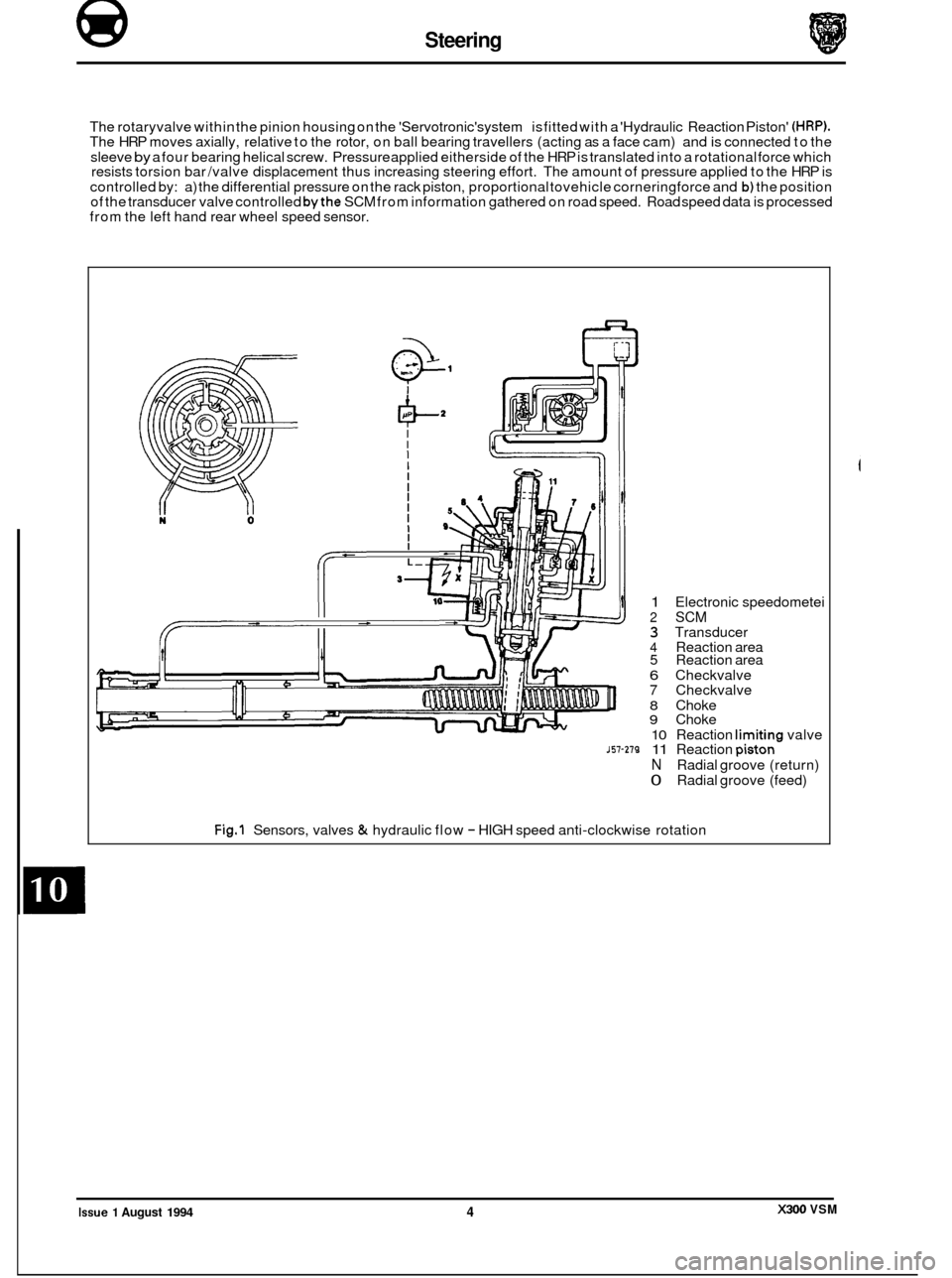 JAGUAR XJ6 1994 2.G Workshop Manual @ Steering 
The rotaryvalve  within the pinion housing  on the  Servotronicsystem  is fitted with a Hydraulic  Reaction Piston (HRP). The  HRP  moves  axially,  relative  to the  rotor,  on ball  