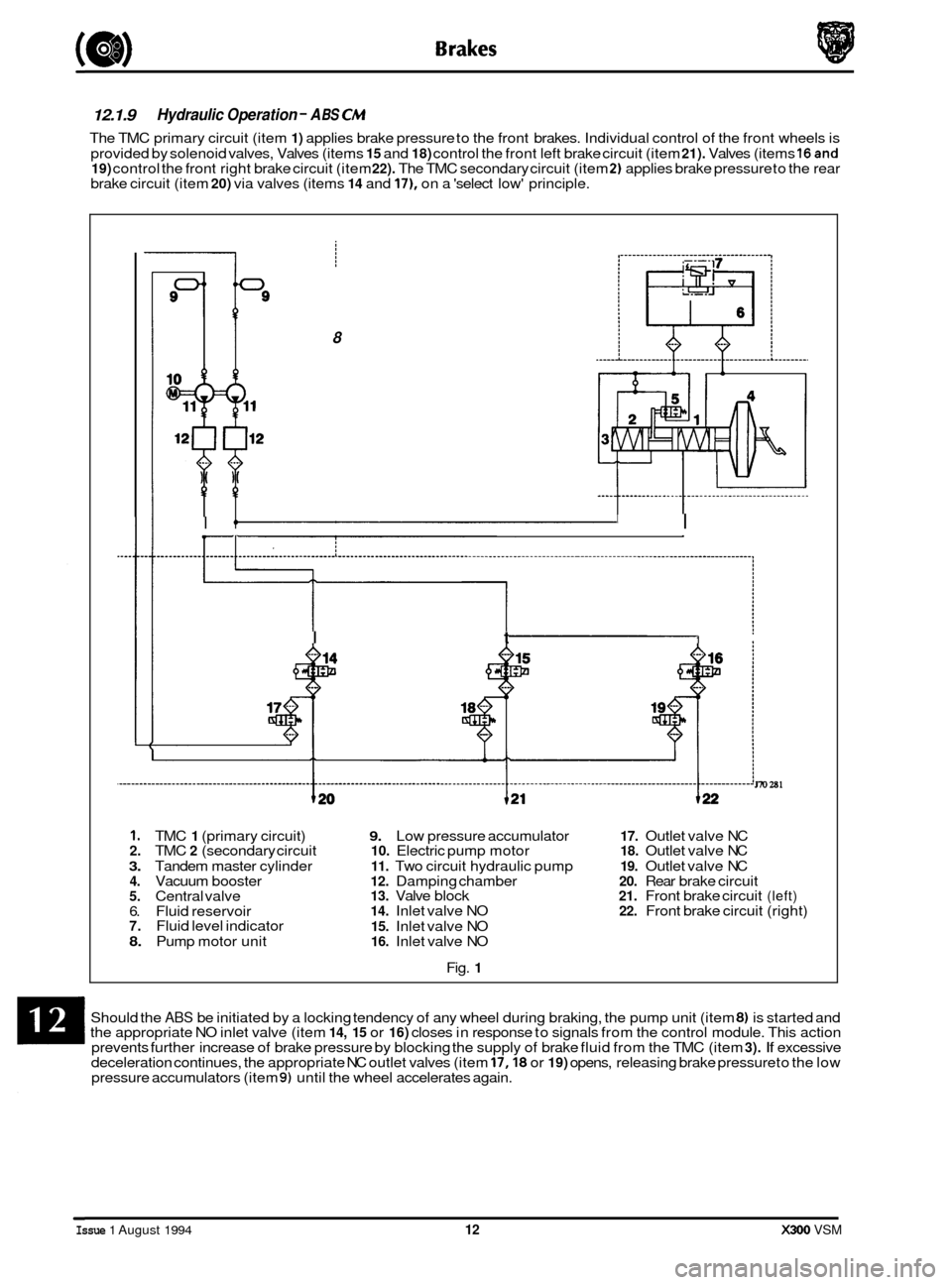 JAGUAR XJ6 1994 2.G Workshop Manual 12.1.9 
The TMC  primary circuit  (item 1) applies brake pressure  to the front  brakes. Individual control of the  front wheels  is 
provided by solenoid  valves, Valves (items 
15 and 18) control th