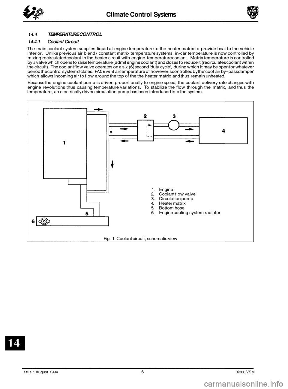 JAGUAR XJ6 1994 2.G Owners Manual Climate Control Systems
14.4 TEMPERATURE CONTROL
14.4.1 Coolant Circuit
The main coolant system supplies liquid at engine temperature to the heater matrix to provide heat to the vehicle
in JAGUAR XJ6 1994 2.G Owners Manual Climate Control Systems
14.4 TEMPERATURE CONTROL
14.4.1 Coolant Circuit
The main coolant system supplies liquid at engine temperature to the heater matrix to provide heat to the vehicle
in