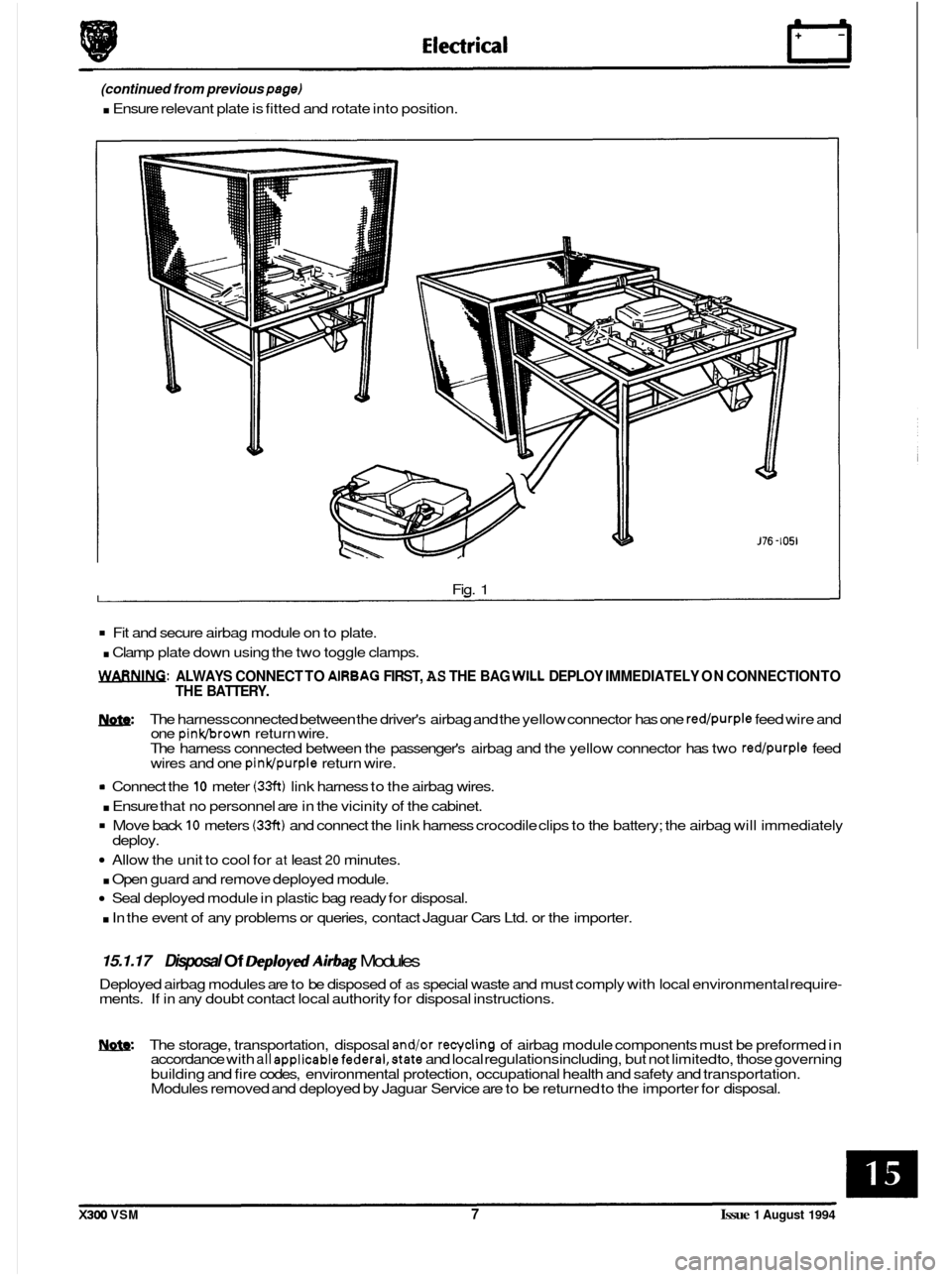 JAGUAR XJ6 1994 2.G Owners Guide (continued from previous page) 
. Ensure  relevant plate  is fitted and rotate  into position. 
0 
Fig. 1 
Fit and secure  airbag module on  to plate. 
. Clamp  plate down  using the two  toggle  clam