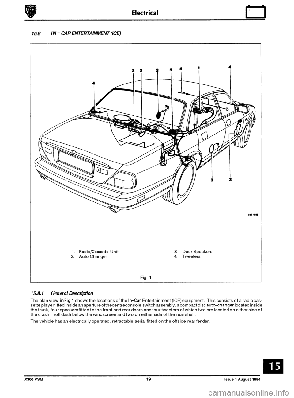 JAGUAR XJ6 1994 2.G Workshop Manual 15.8 IN - CAR ENTERTAINMENT  (ICE) 
0 
1. Radio/Cassette Unit 
2. Auto Changer 
Fig. 
1 
3 Door Speakers 
4. Tweeters 
5.8.1 General Description 
The plan  view in Fig.1 shows  the locations  of the 