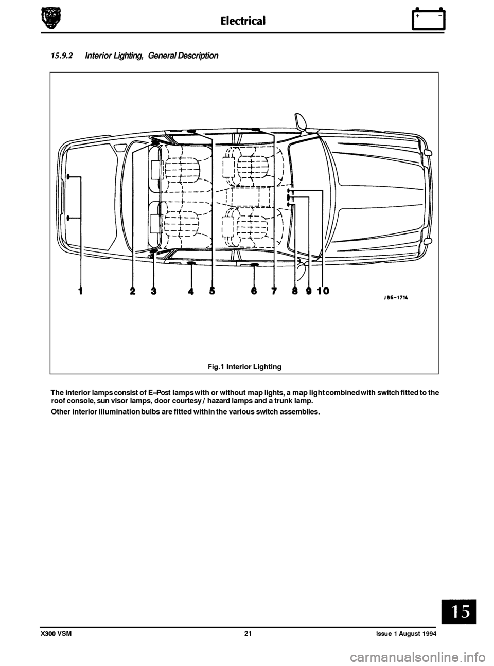 JAGUAR XJ6 1994 2.G Workshop Manual 15.9.2 Interior Lighting,  General Description 
0 
Fig.1 Interior Lighting 
The  interior lamps  consist of 
E-Post lamps with or without  map lights,  a map light  combined  with switch  fitted to th