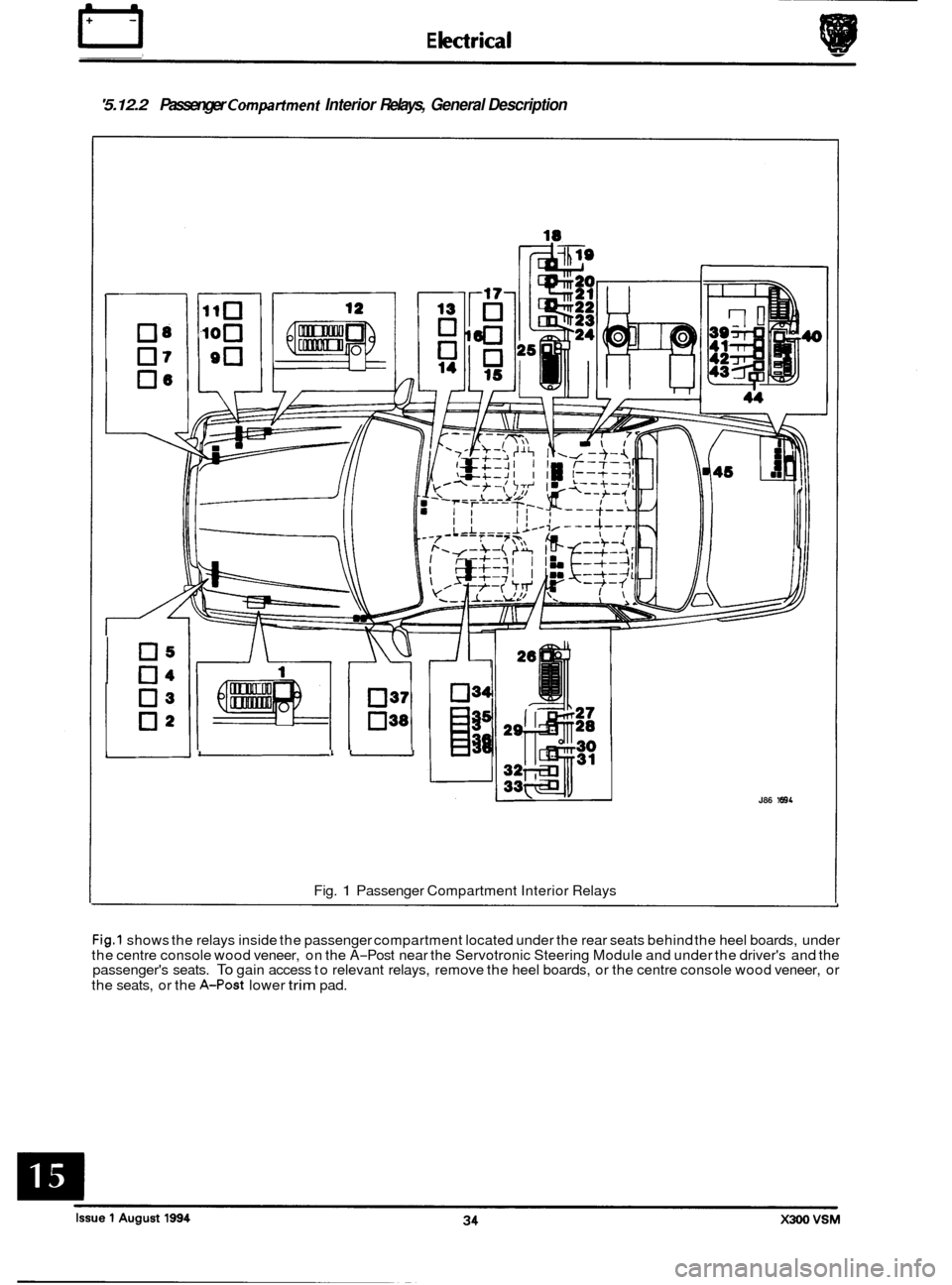 JAGUAR XJ6 1994 2.G Workshop Manual I3 E I ectr ical 
5.12.2 Passenger Compatiment Interior Relays, General Description 
I 0": 
03 
02 
I 1- 
03 
036 0.i 
Fig. 1 Passenger  Compartment  Interior Relays 
J86 1894 
0 
0 
0 
Fig.1 shows t