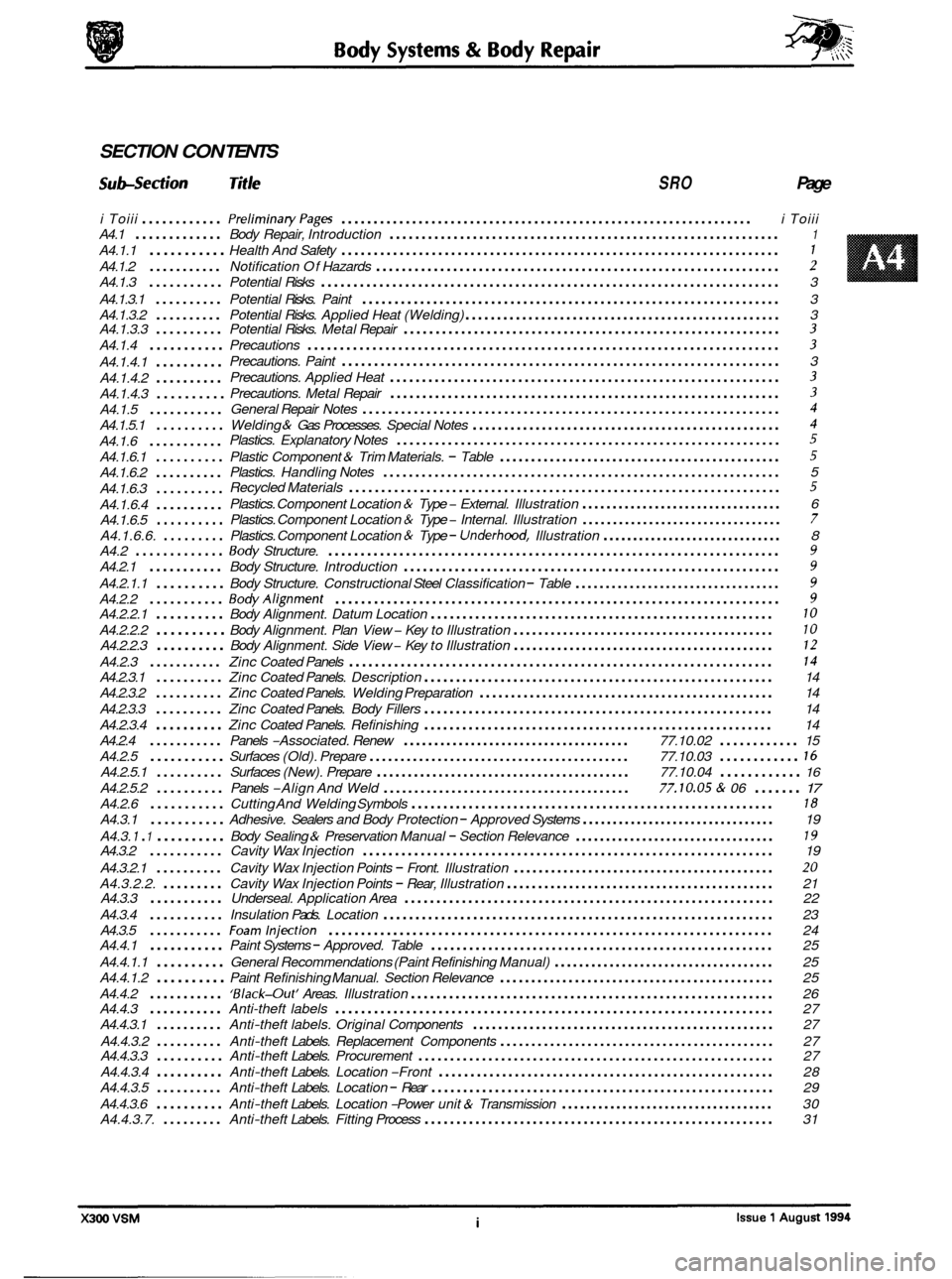 JAGUAR XJ6 1994 2.G Owners Manual SECTION CON TENTS
Suh-Section Title SRO Page
i Toiii ............ PreliminaryPages ................................................................ i Toiii
A4.1
............. Body Repair, Introd JAGUAR XJ6 1994 2.G Owners Manual SECTION CON TENTS
Suh-Section Title SRO Page
i Toiii ............ PreliminaryPages ................................................................ i Toiii
A4.1
............. Body Repair, Introd