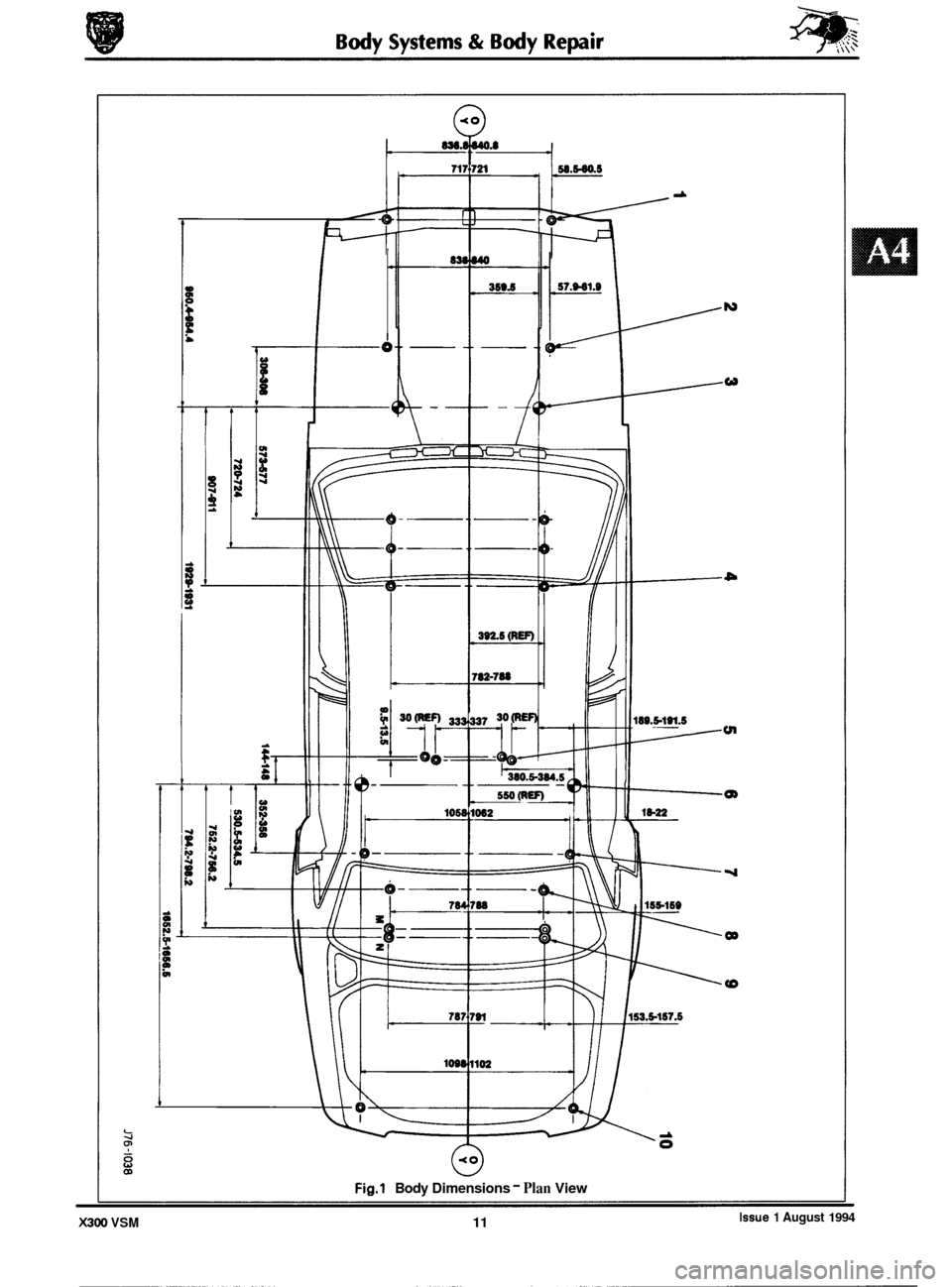 JAGUAR XJ6 1994 2.G Workshop Manual 0
0
0
-
0
w
tn
Q)
OD
Fig.1 Body Dimensions - Plan View
Issue 1 August 1994 X300 VSM 11 JAGUAR XJ6 1994 2.G Workshop Manual 0
0
0
-
0
w
tn
Q)
OD
Fig.1 Body Dimensions - Plan View
Issue 1 August 1994 X300 VSM 11