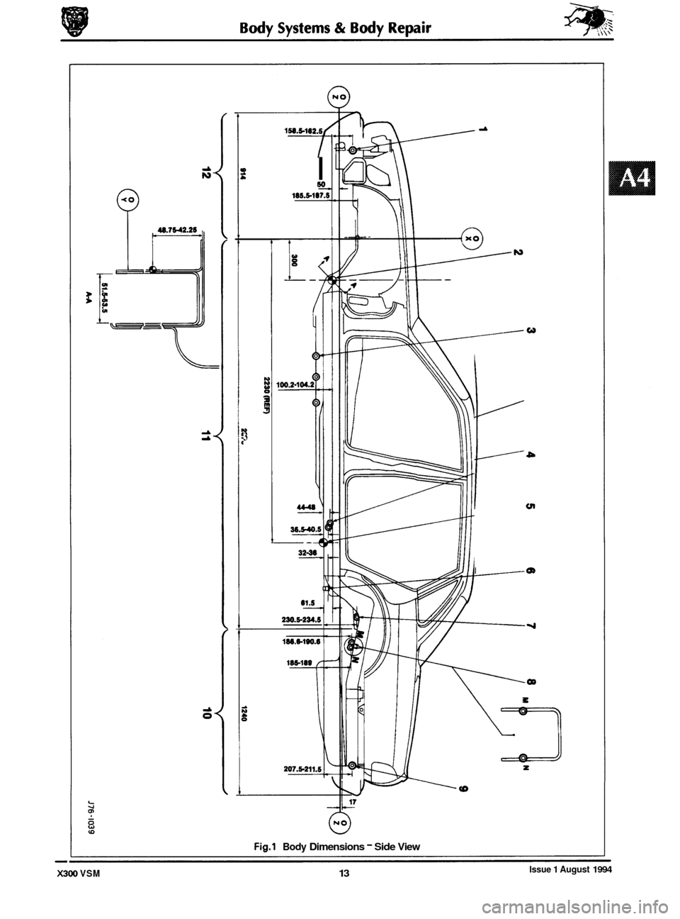 JAGUAR XJ6 1994 2.G Workshop Manual 0
0
0
-
0
v 3
I so 185.5-187.!
t
4
230.5-234.5
i:: cn
I m
8
Fig.1 Body Dimensions - Side View
Issue 1 August 1994 X300 VSM 13 JAGUAR XJ6 1994 2.G Workshop Manual 0
0
0
-
0
v 3
I so 185.5-187.!
t
4
230.5-234.5
i:: cn
I m
8
Fig.1 Body Dimensions - Side View
Issue 1 August 1994 X300 VSM 13