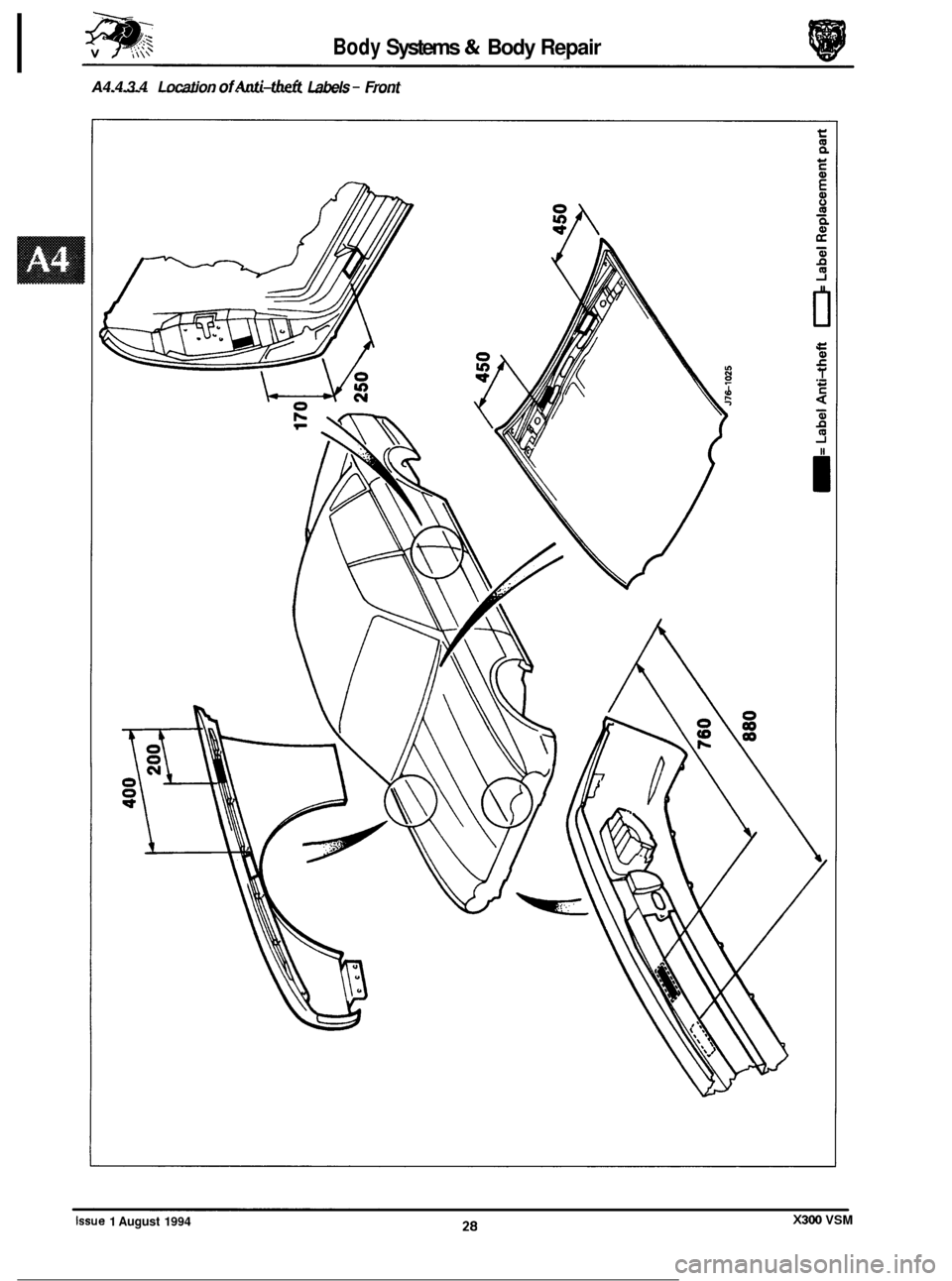 JAGUAR XJ6 1994 2.G Workshop Manual Body Systems & Body Repair 
I 
I A4.4.3.4  Location of Anti-theft Labels - Front 
Issue 1 August 1994 X300 VSM  