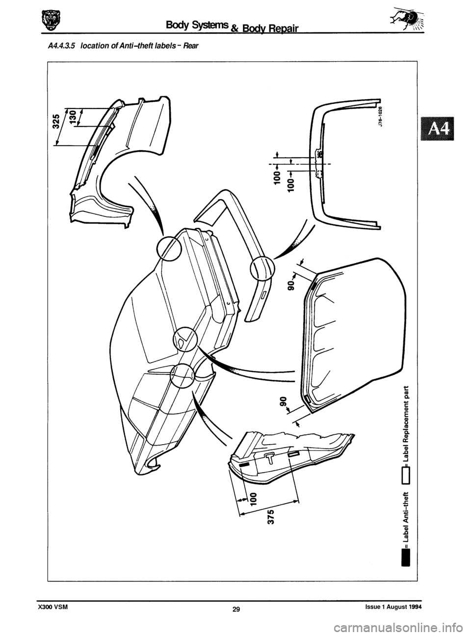 JAGUAR XJ6 1994 2.G Workshop Manual Body - Systems 
A4.4.3.5 location of Anti-theft labels - Rear 
& Body  Repair I 
Issue 1 August 1394 29 X300 VSM  