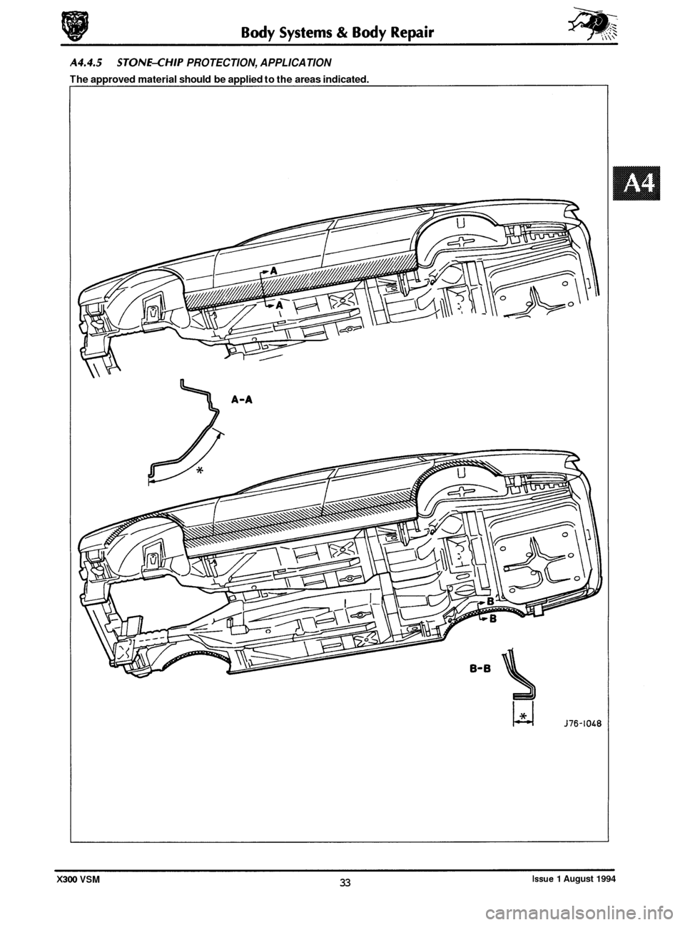 JAGUAR XJ6 1994 2.G Workshop Manual A4.4.5 STONE-CHIP PROTECTION, APPLICATION 
he approved  material should be applied  to the  areas indicated. 
U" J76-1018  ~ 
X300 VSM Issue 1 August 1994 33  