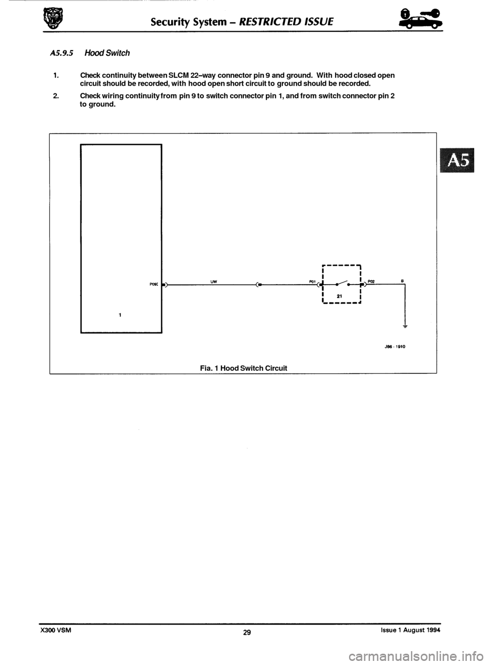 JAGUAR XJ6 1994 2.G Workshop Manual A5.9.5 Hood Switch 
8 
1. 
2. Check 
continuity  between SLCM 22
-way connector  pin 9 and ground.  With hood  closed  open 
circuit should  be recorded,  with hood open  short circuit  to ground  sho