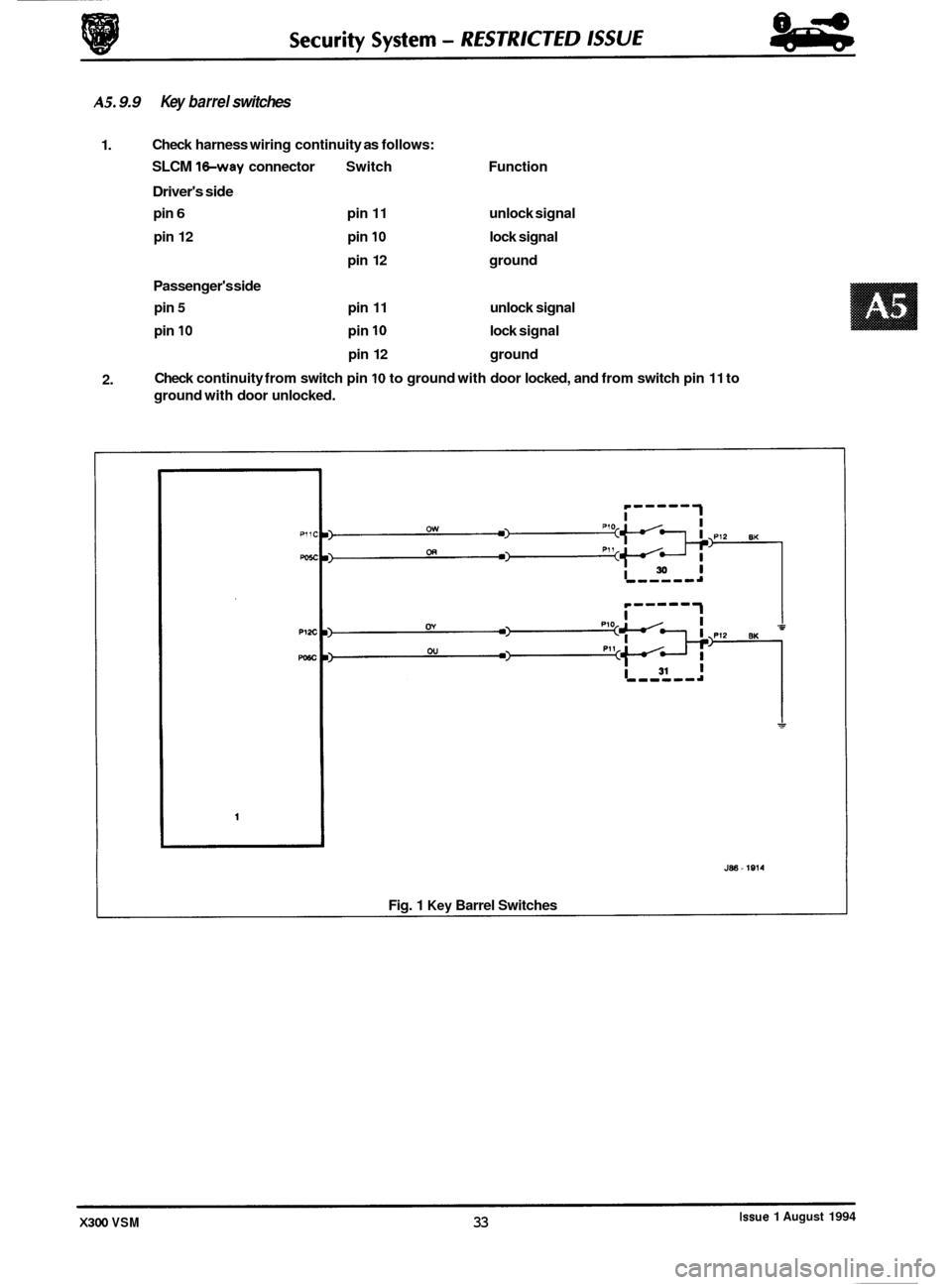 JAGUAR XJ6 1994 2.G Workshop Manual AS. 9.9 Key barrel switches 
1.  Check 
harness  wiring continuity  as follows: 
SLCM 1hay connector  Switch  Function 
Drivers side 
pin 6 pin 11 unlock signal 
pin  12  pin 
10 lock signal 
pin  12