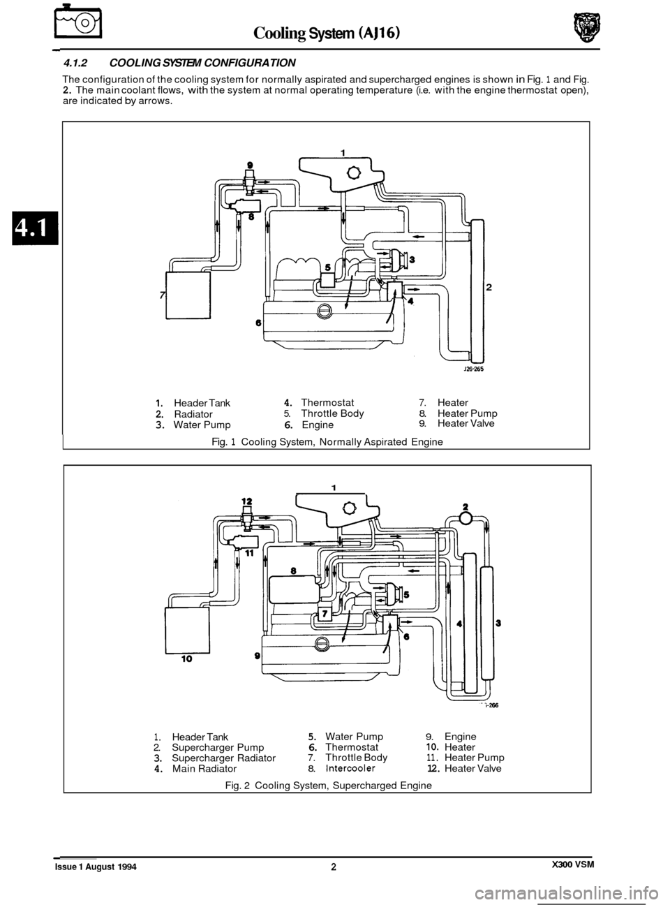 JAGUAR XJ6 1994 2.G Workshop Manual €3 Cooling System (AJ16) 
4.1.2 COOLING SYSTEM CONFIGURATION 
The configuration of  the cooling  system for normally  aspirated  and supercharged engines  is shown in Fig. 1 and Fig. 2. The  main  c