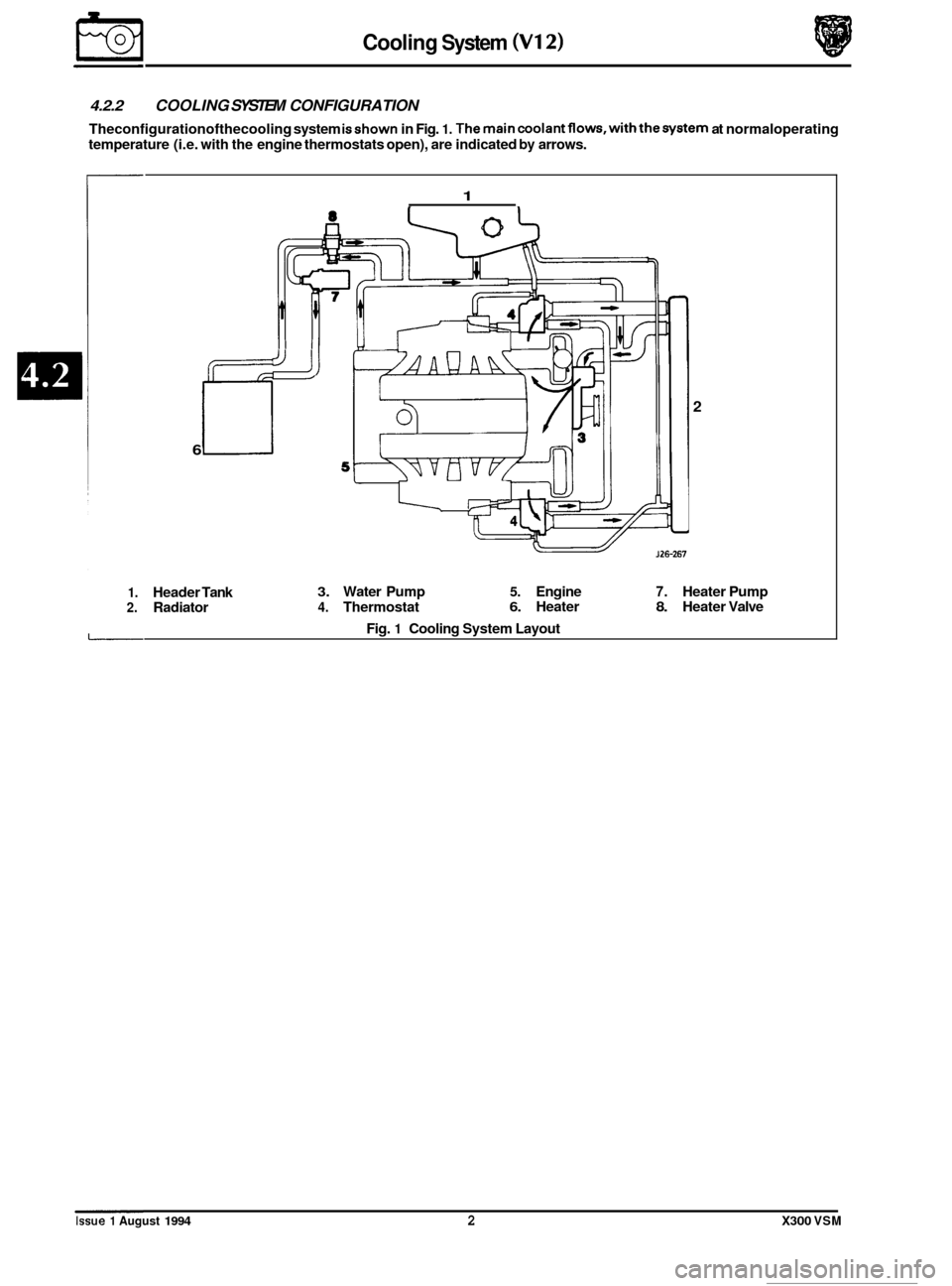 JAGUAR XJ6 1994 2.G User Guide Cooling System (VI 2)
0
4.2.2 COOLING SYSTEM CONFIGURATION
Theconfigurationofthecooling system isshown in Fig. 1. Themaincoolantflows,withthesystem at normaloperating
temperature (i.e. with the JAGUAR XJ6 1994 2.G User Guide Cooling System (VI 2)
0
4.2.2 COOLING SYSTEM CONFIGURATION
Theconfigurationofthecooling system isshown in Fig. 1. Themaincoolantflows,withthesystem at normaloperating
temperature (i.e. with the