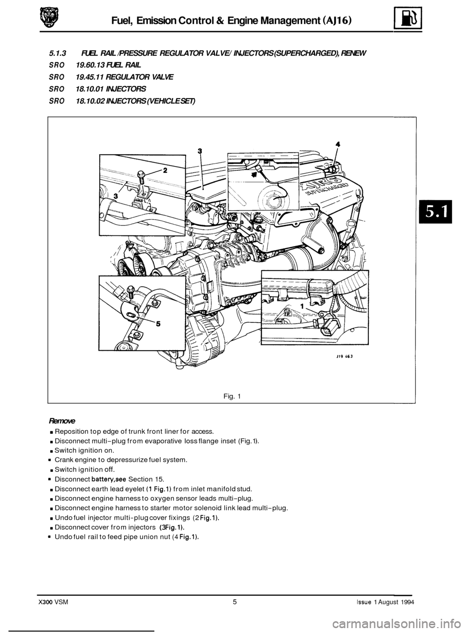 JAGUAR XJ6 1994 2.G Workshop Manual Fuel, Emission  Control & Engine Management (AJ16) 
5.1.3 
SRO 19.60.13  FUEL RAIL 
SRO 19.45.11  REGULATOR  VALVE 
SRO 18.10.01 INJECTORS 
SRO 18.10.02 INJECTORS (VEHICLE SET) 
FUEL 
RAIL /PRESSURE  