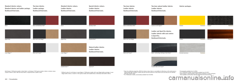 PORSCHE 718 2016 1.G Information Manual |   103
102   |
Personalisation
Personalisation
Brushed aluminium
Black, contrasting stitching in Dark Silver5)
Graphite Blue and Crayon5)Espresso3)Saddle Brown1 ) ,  4 )
Black and Crayon3)Luxor Beige