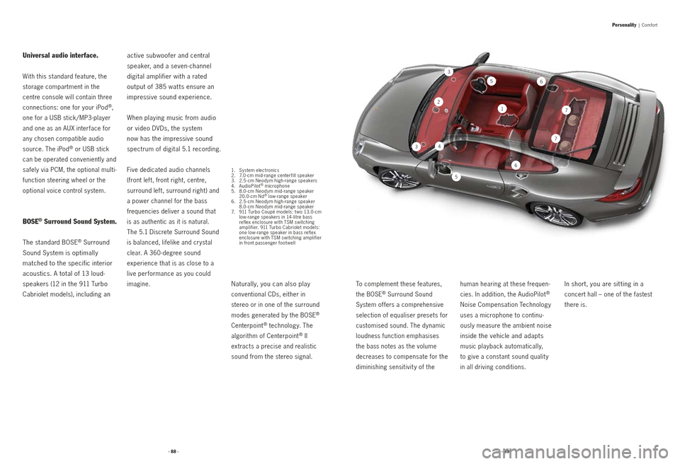 PORSCHE 911 2009 5.G Information Manual    
12
3
34
5
6
6
7
7
5
Universal audio interface.  
With this standard feature, the 
storage compartment in the  
centre console will contain three 
connections: one for your iPod
®, 
one for a USB 