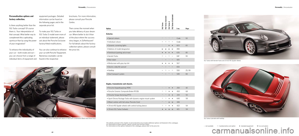 PORSCHE 911 2009 5.G Information Manual equipment packages. Detailed 
information can be found on  
the following pages and in the 
separate price list.
To make your 911 Turbo or   
911 Turbo S model even more of 
an individual statement, p