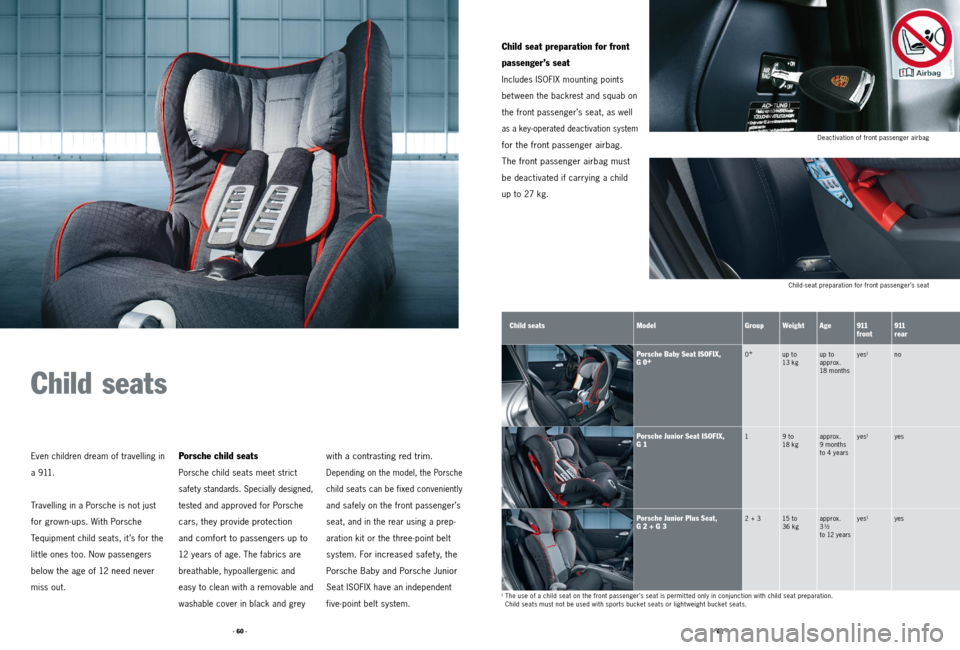 PORSCHE 911 2011 5.G Accessories Workshop Manual · 60 ·· 61 ·
Deactivation of front passenger airbag
Child-seat preparation for front passenger’s seat
with a contrasting red trim.   
Depending on the model, the Porsche 
child seats can be fixe