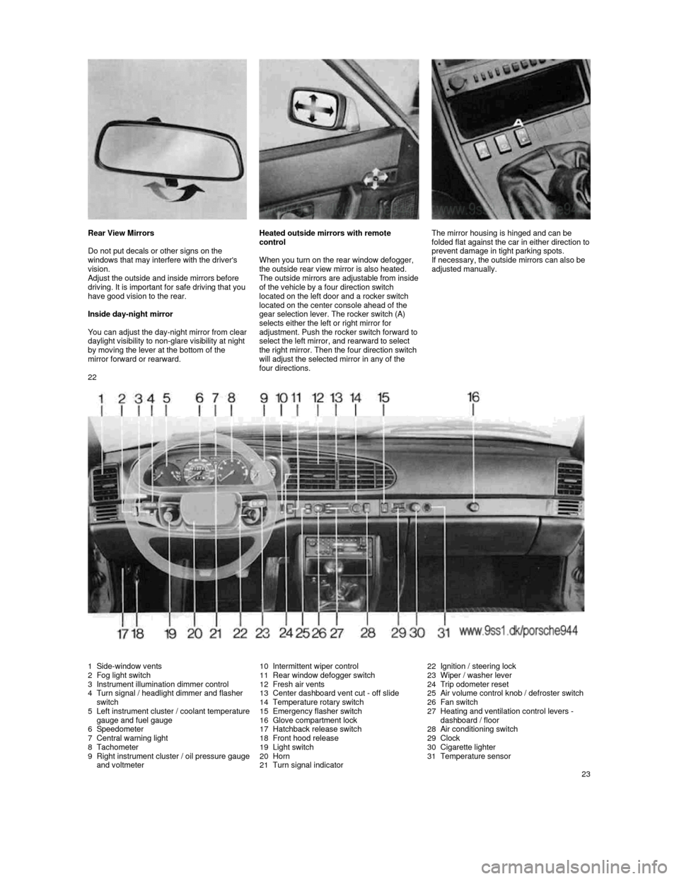 PORSCHE 944 1987 1.G User Guide           
 Rear View Mirrors 
  
Do not put decals or other signs on the 
windows that may interfere with the drivers 
vision. 
Adjust the outside and inside mirrors before driving. It is important 