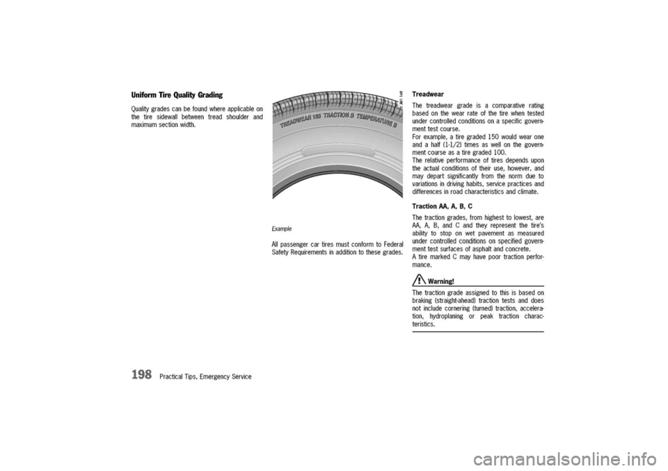 PORSCHE 911 CARRERA 2003 4.G Owners Manual
UniformTireQualityGrading
Qualitygradescanbefoundwhereapplicableon
thetiresidewallbetweentreadshoulderand
maximumsectionwidth.
198PracticalTips,EmergencyService
Example
Allpassengercartiresmustconfor PORSCHE 911 CARRERA 2003 4.G Owners Manual
UniformTireQualityGrading
Qualitygradescanbefoundwhereapplicableon
thetiresidewallbetweentreadshoulderand
maximumsectionwidth.
198PracticalTips,EmergencyService
Example
Allpassengercartiresmustconfor