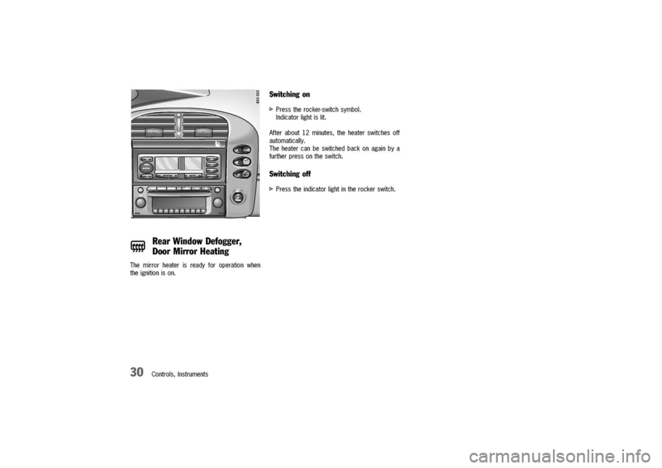 PORSCHE 911 CARRERA 2003 4.G Owners Manual 
I>Presstherocker-switchsymbol.
Indicatorlightislit.
Themirrorheaterisreadyforoperationwhen
theignitionison.
30Controls,Instruments

Switchingon
r;;;;I
RearWindowDefogger,
~
DoorMirrorHeating
Afterab