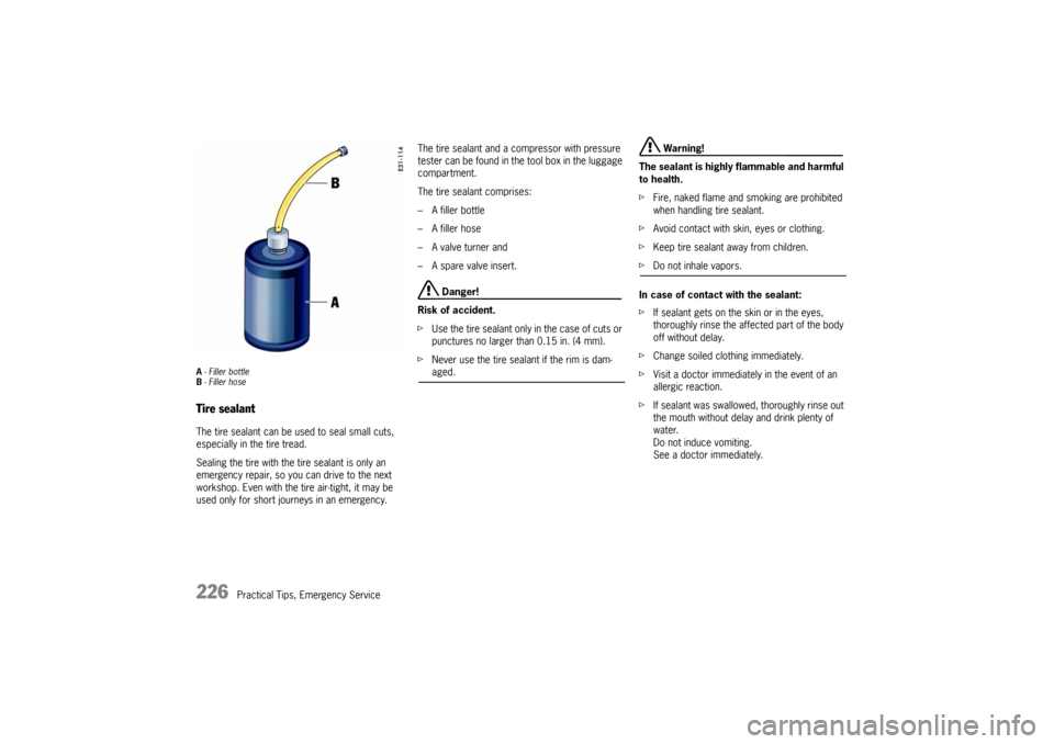 PORSCHE 911 CARRERA 2005 5.G Owners Manual 226
Practical Tips, Emergency Service
A- Filler bottle
B- Filler hoseTire sealantThe tire sealant can be used to seal small cuts, 
especially in the tire tread.
Sealing the tire with the tire sealant 